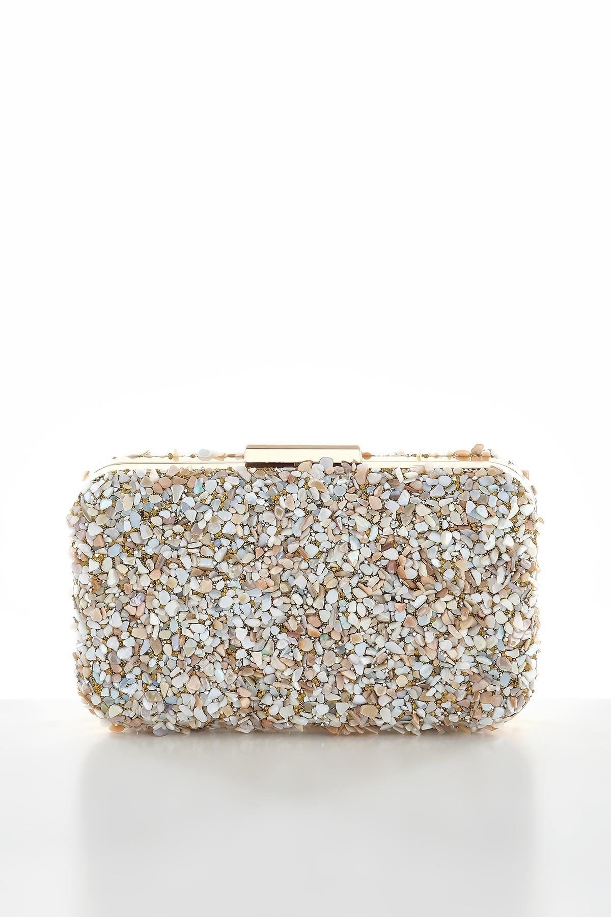 EXPLOSION Doğal Taşlı Metal Saplı Kilitli Abiye Clutch Çanta