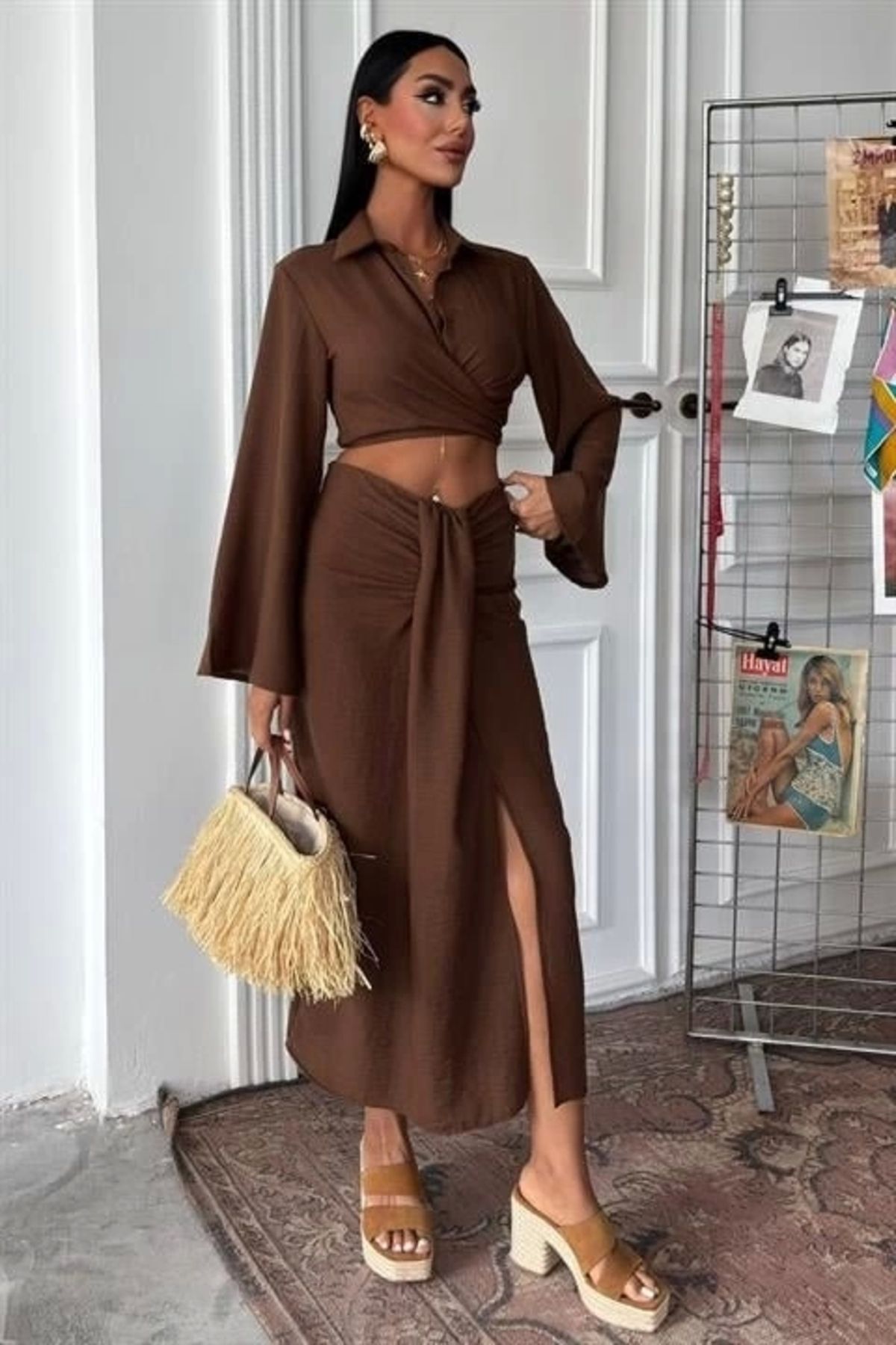 Butik Crop Gömlekli Ve Eteği Büzgülü Tasarım Takım
