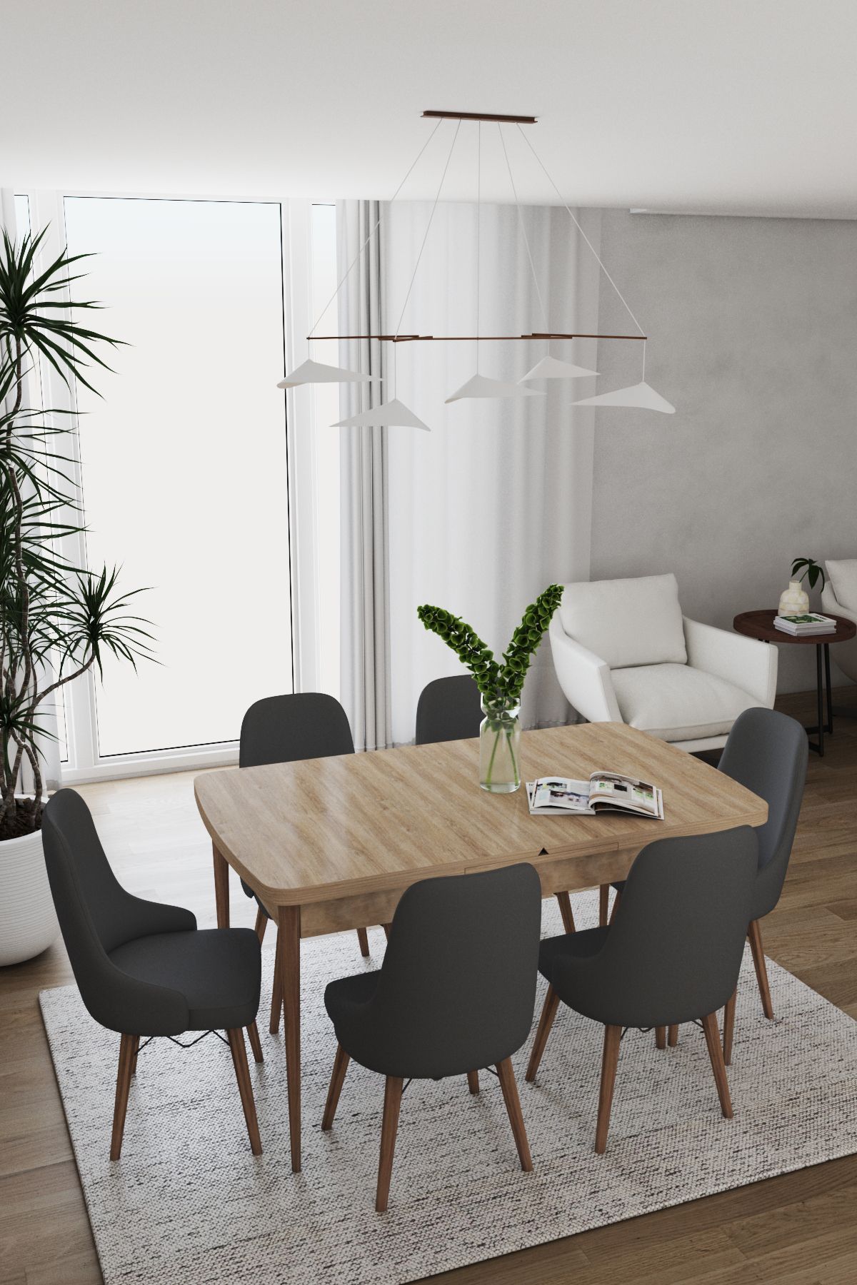 DEREN HOME Konfor Serisi 80x130 Açılır Masa 6 Adet Antrasit Ahşap Ayak Sandalye Masa Takımı Leke Tutmaz Kumaş