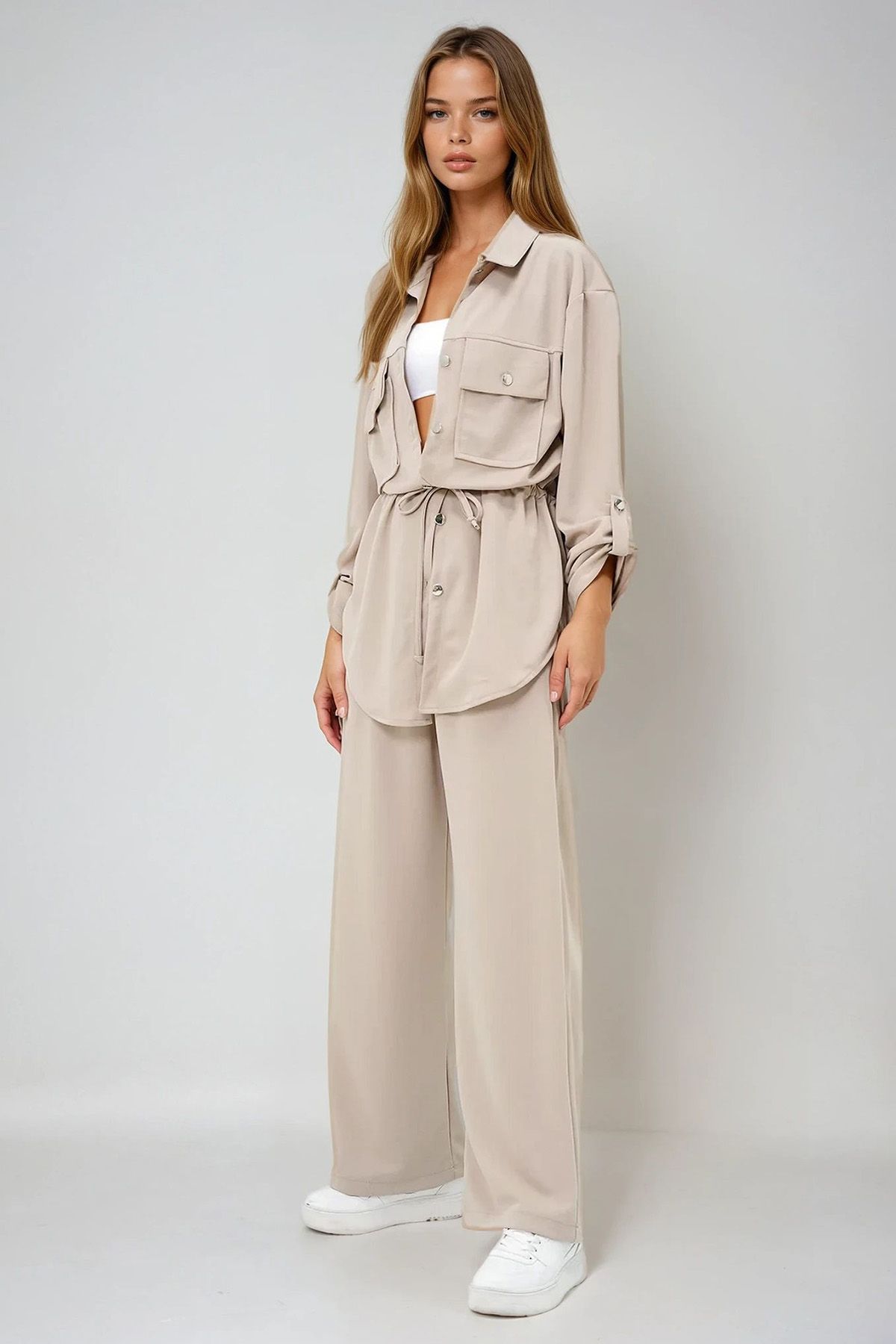 VAGGON Çift Cepli Safari Ceket Ve Beli Lastikli Wide Leg Pantolonlu Krep Alt Üst Takım