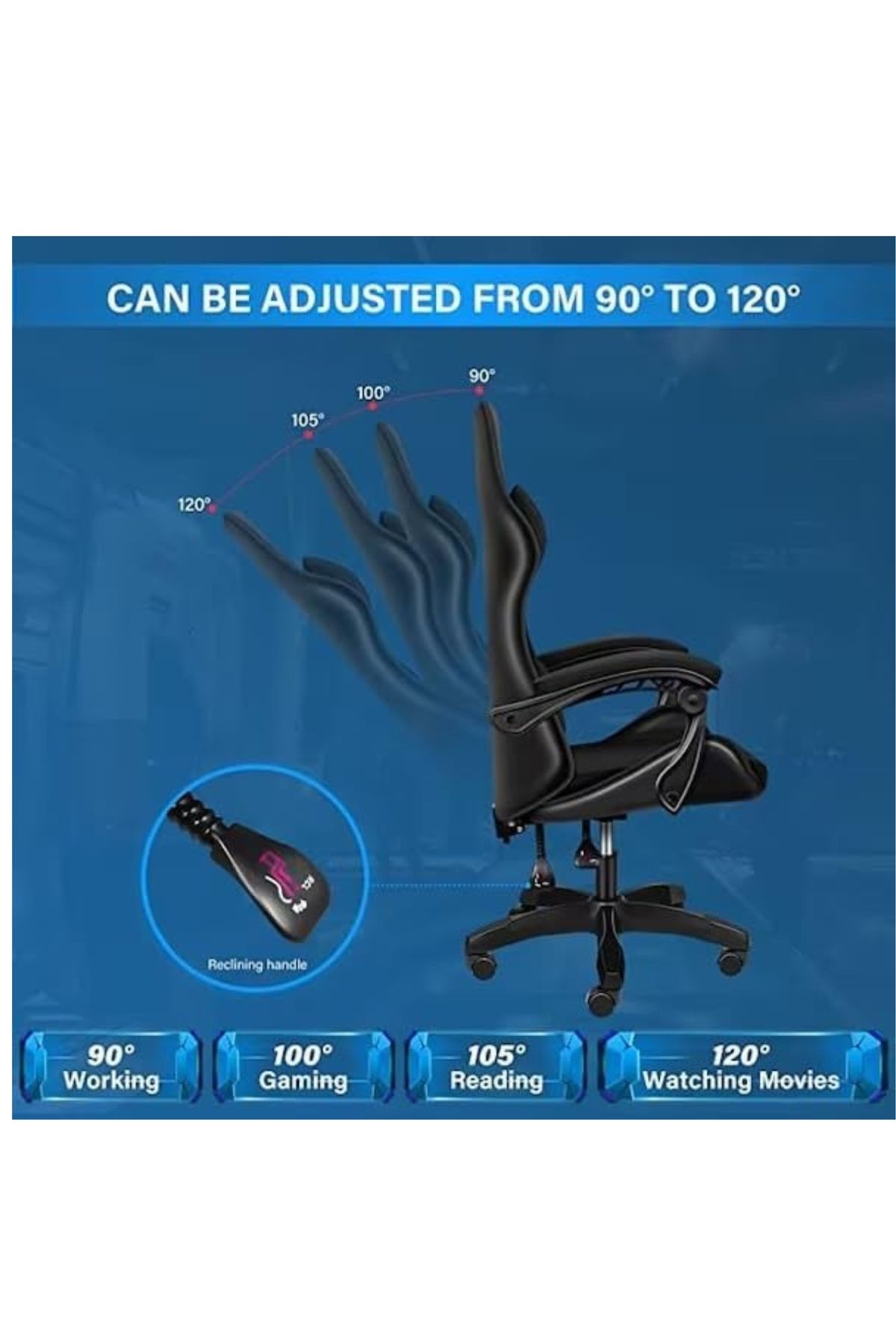 Woodies-Ergonomic High Back Gaming Chairs with Reclining and Height Adjustable Black Color 4