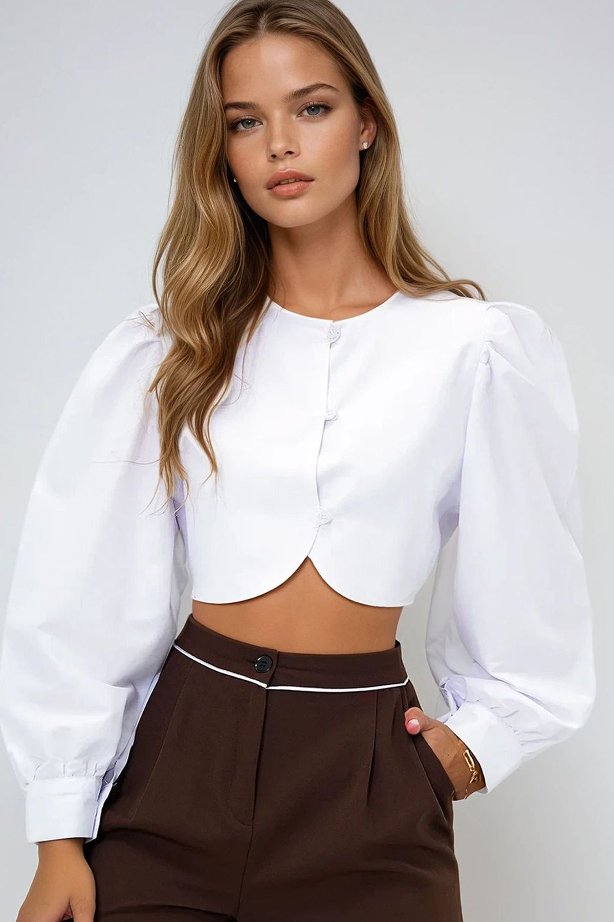 VAGGON Bisiklet Yaka Balon Kol Crop Poplin Gömlek