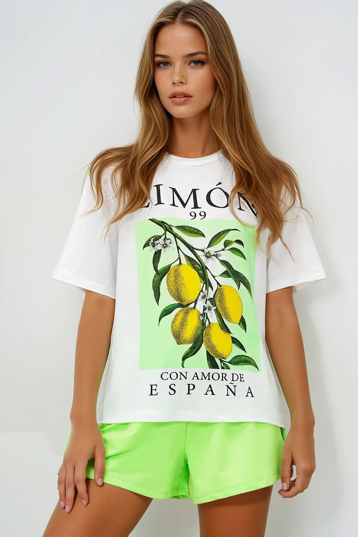 VAGGON Limon Baskılı Pamuklu Basic T-Shırt Ve Şortlu Pijama Takımı