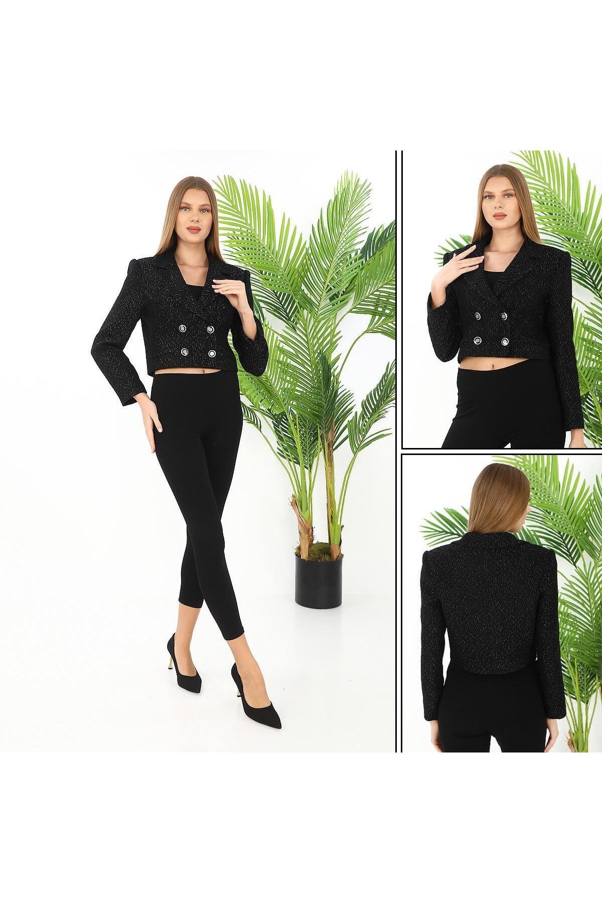 GND TEKSTİL Gnd kadın Simli Crop Blazer Ceket – Çift Düğmeli Kısa Gece Ceketi