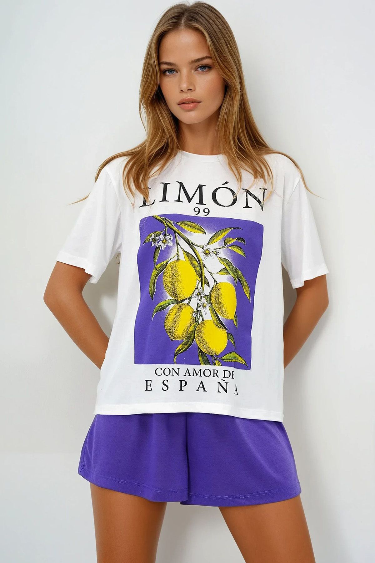 VAGGON Limon Baskılı Pamuklu Basic T-Shırt Ve Şortlu Pijama Takımı