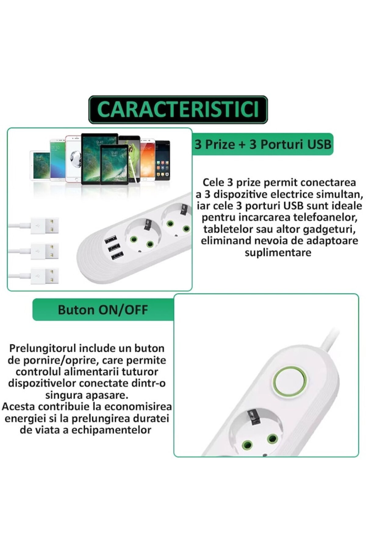 NEXTLY-Extension Cord With 3 Sockets And 3 USB Ports, Switch, Hanging Bracket, Durable 3