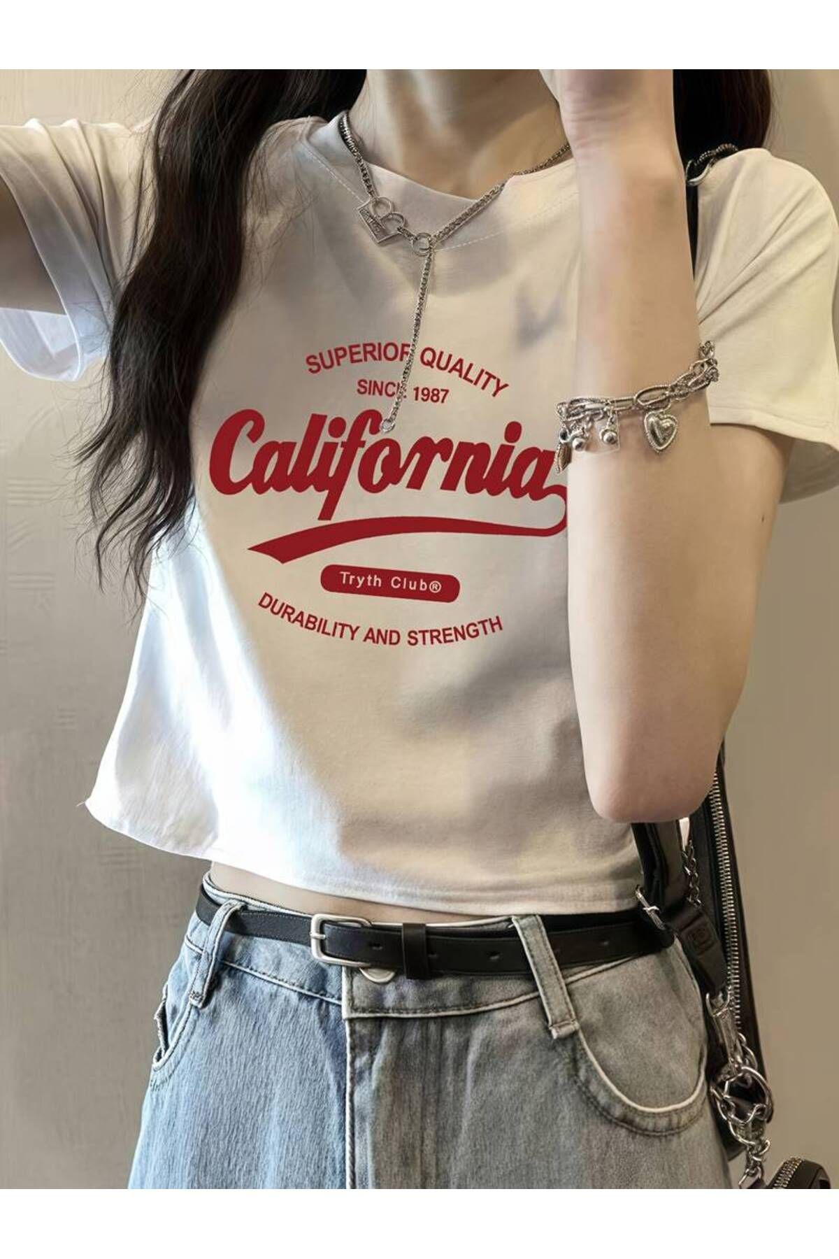 Llanura Kadın California Baskılı Kısa Kollu Organik Pamuklu Bisiklet Yaka Crop