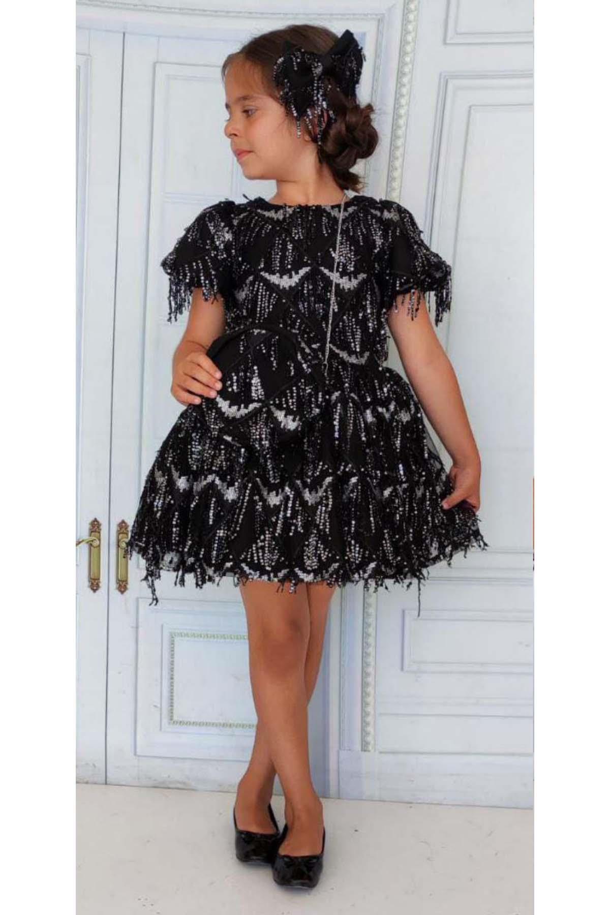 Riccotarz-Girl's Sequined Embroidered Tasseled Shiny Black Dress 2