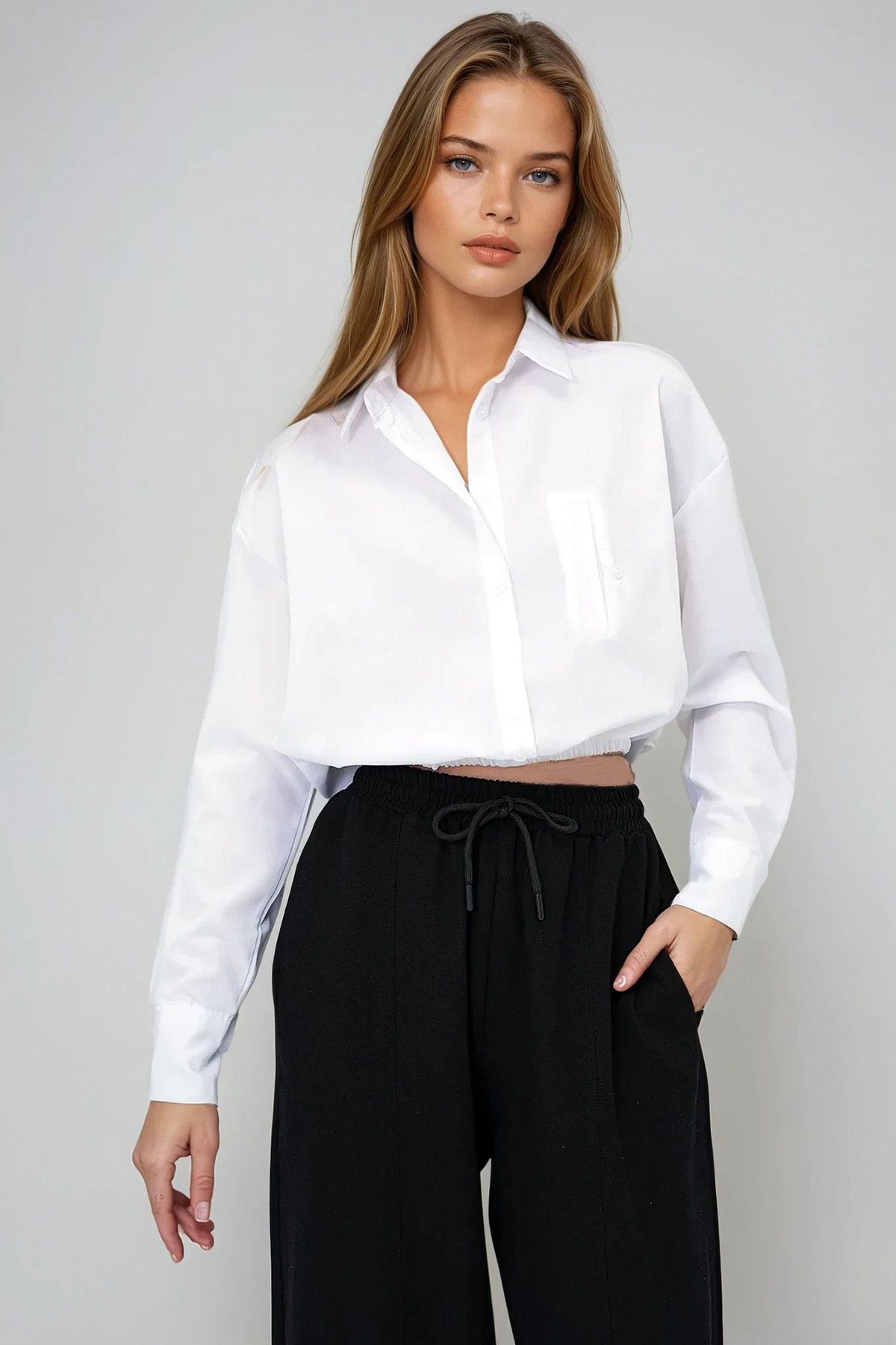 VAGGON Geniş Manşetli Beli Lastikli Crop Poplin Gömlek