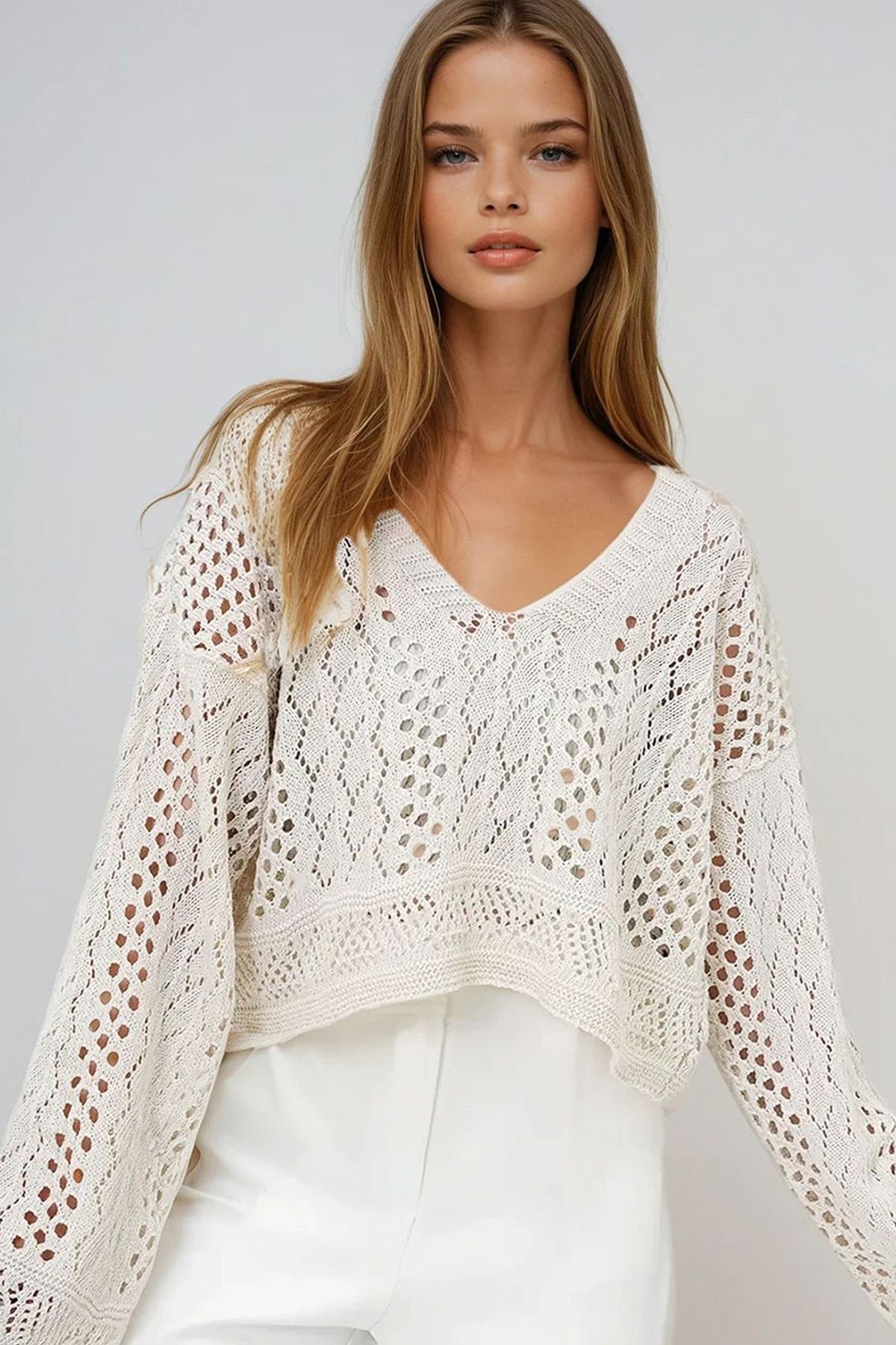 VAGGON V Yaka Saç Örgü Desenli Yazlık Trico Crop Bluz
