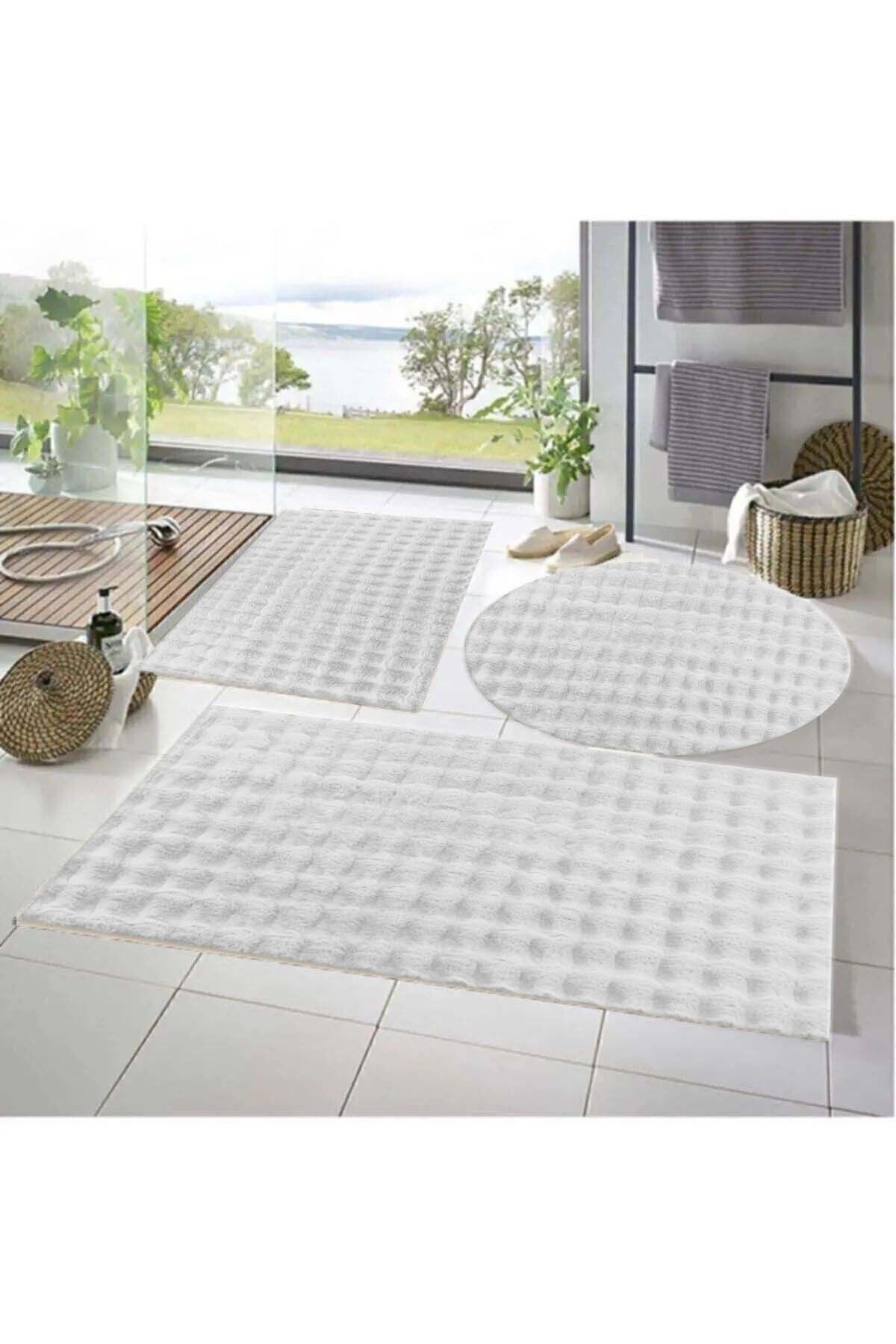 Lagom Life 3'lü Kaymaz Taban Bubble Peluş Banyo Paspası 50x50(YUVARLAK)-50x50 Ve 50x70 BEYAZ