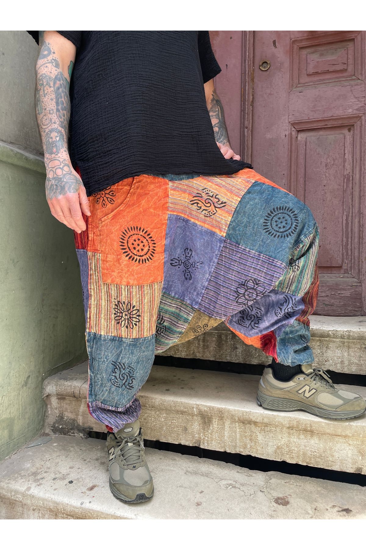 Bohoyasam Unisex Nepal Patchwork Pantolon, Salaş Pantolon, Rahat Pantolon, Renkli Şalvar,Festival Şalvar