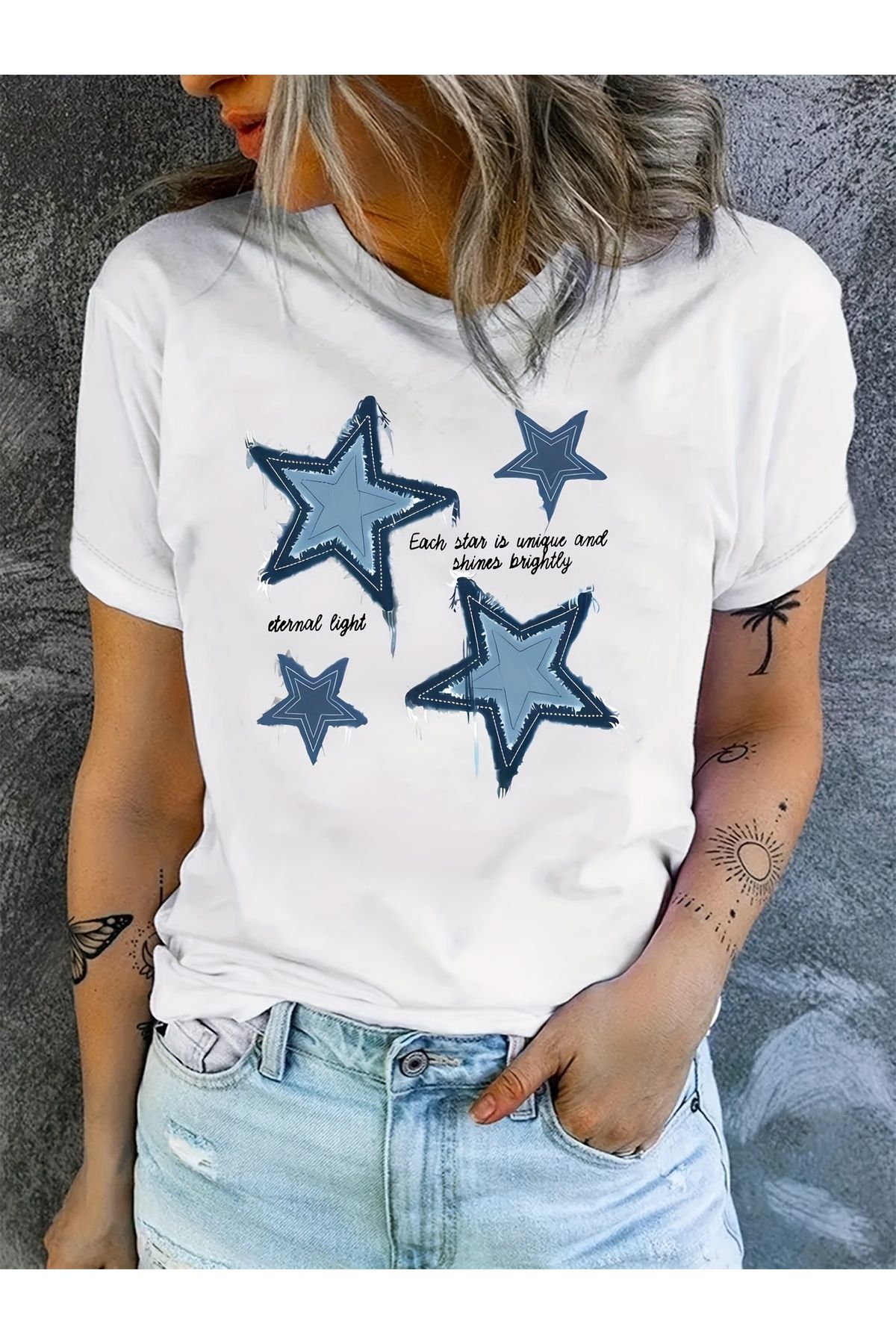 Let's Wear Yıldız Baskılı Bisiklet Yakalı Premium Kadınlar Için Tshirt