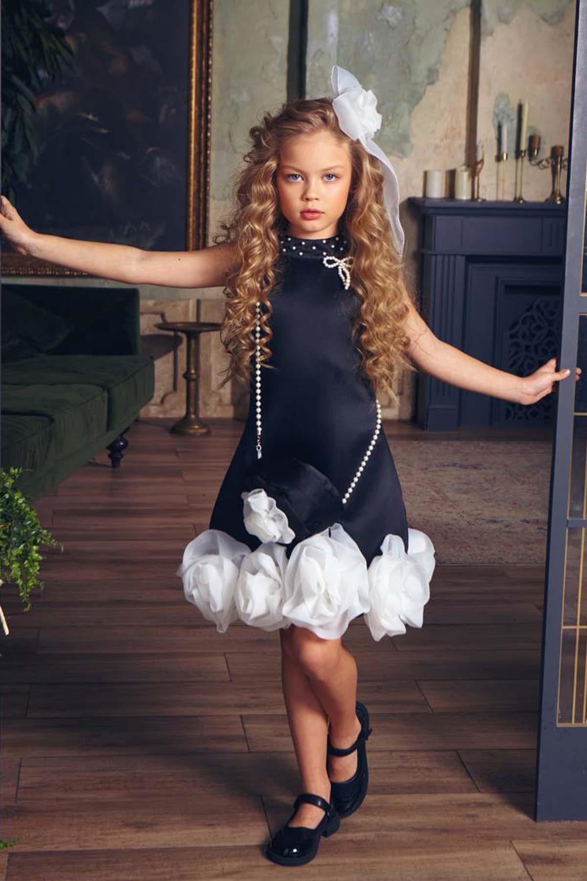 Girl Upright Neck Pearl Detailed Zero Sleeve Skirt 3D Rose Embroidered Slim Cut Black Dress