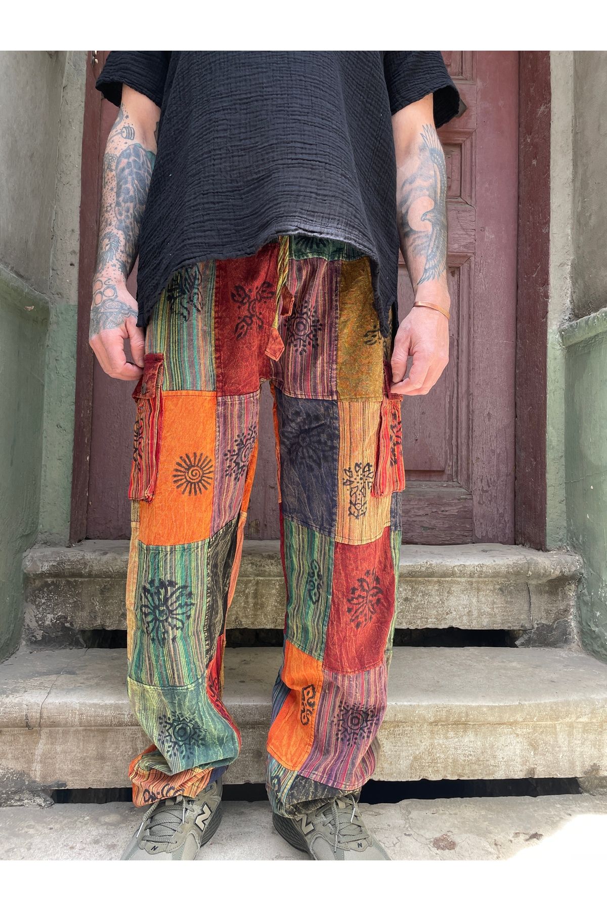 Bohoyasam Unisex Nepal Patchwork Pantolon, Salaş Pantolon, Rahat Pantolon, Festival Kıyafet, Cepli Pantolon
