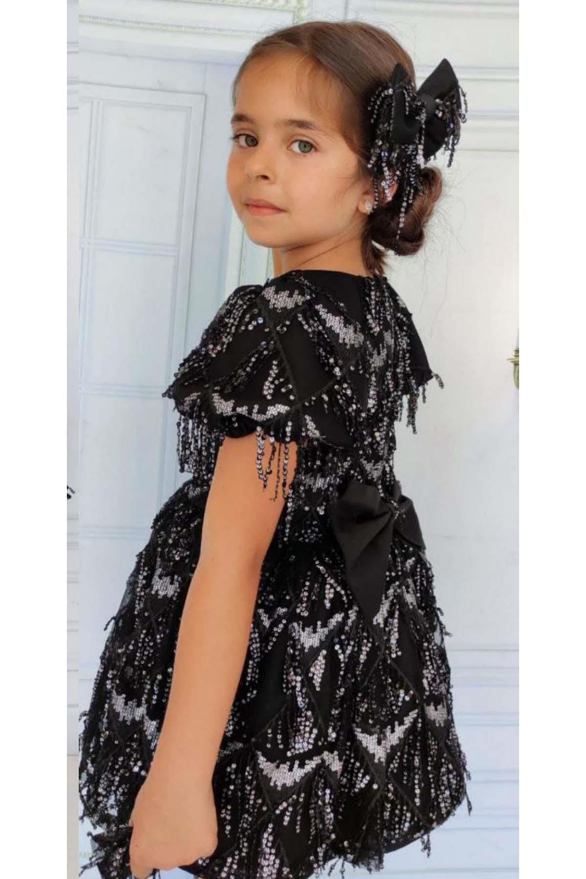 Riccotarz-Girl's Sequined Embroidered Tasseled Shiny Black Dress 3