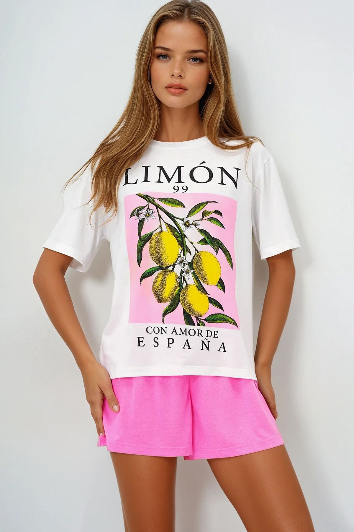 VAGGON Limon Baskılı Pamuklu Basic T-Shırt Ve Şortlu Pijama Takımı
