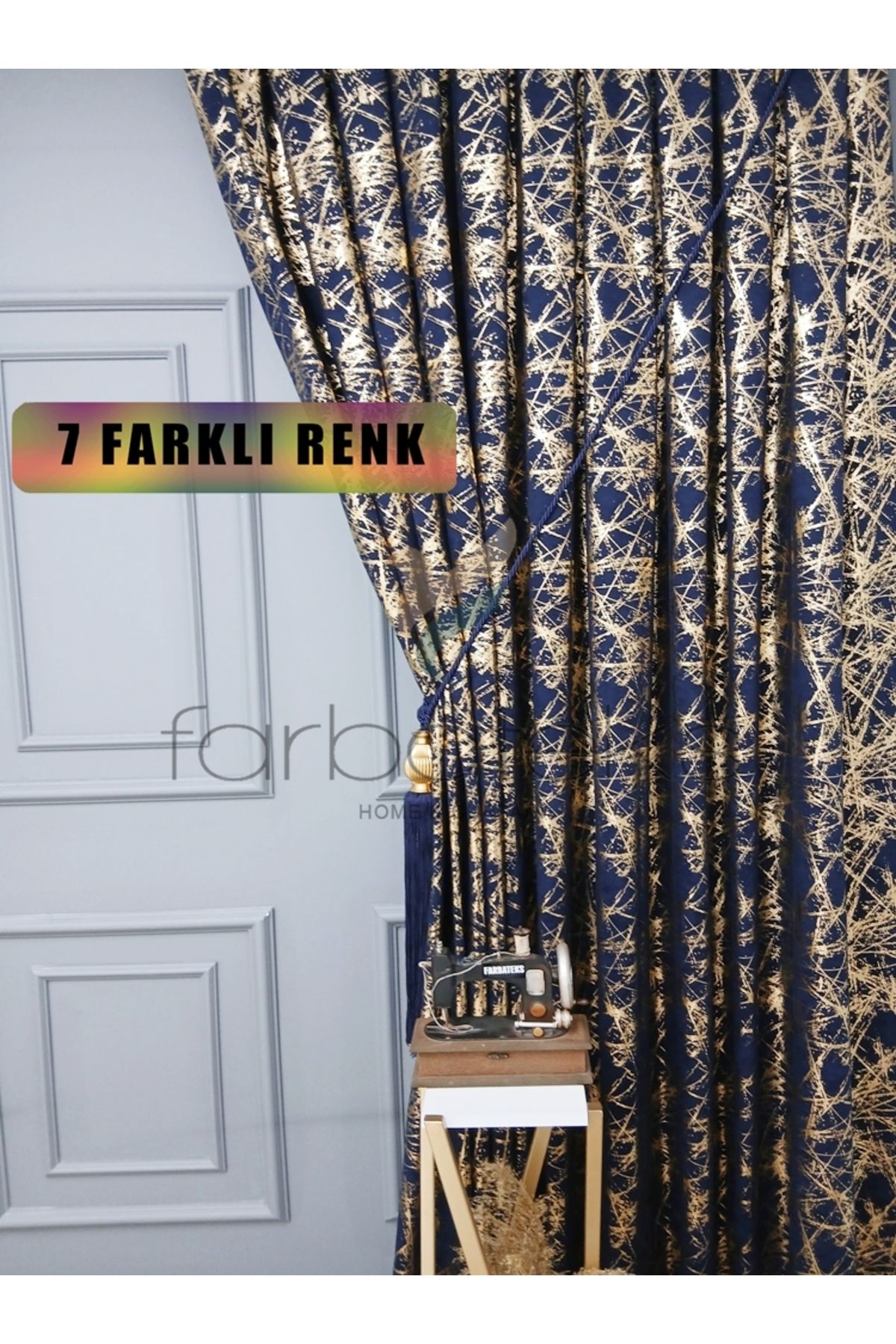 farbateks Lacivert Gold Varak Parlak Bağcıklı Opart Kumaş 3Kat Pileli Fon Perde