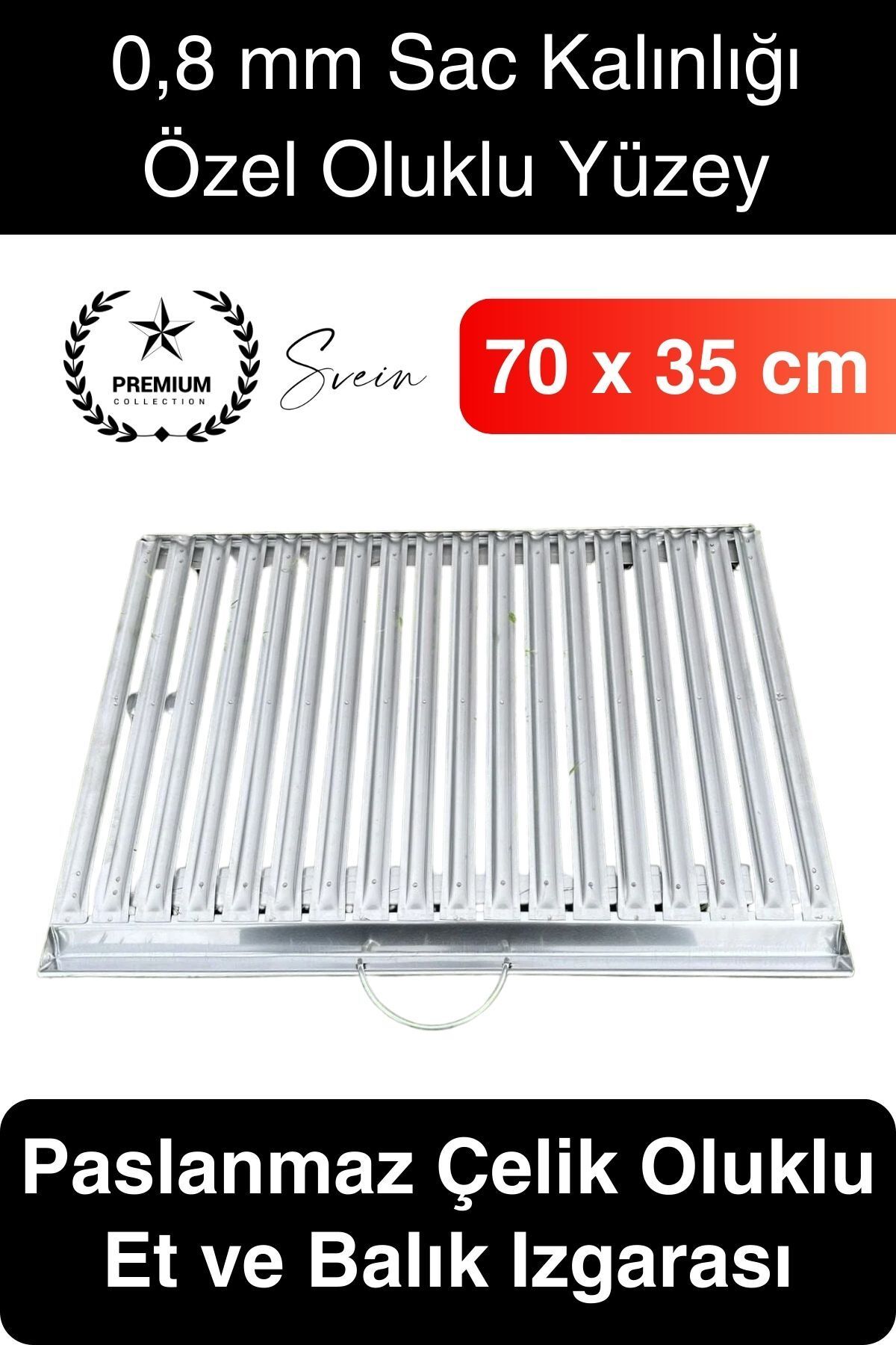 Svein Premium 70 x 35 cm Paslanmaz Çelik 0,8 Kalın Oluklu Izgara Mangal Piknik Kamp Et Balık Kebap Pişirme