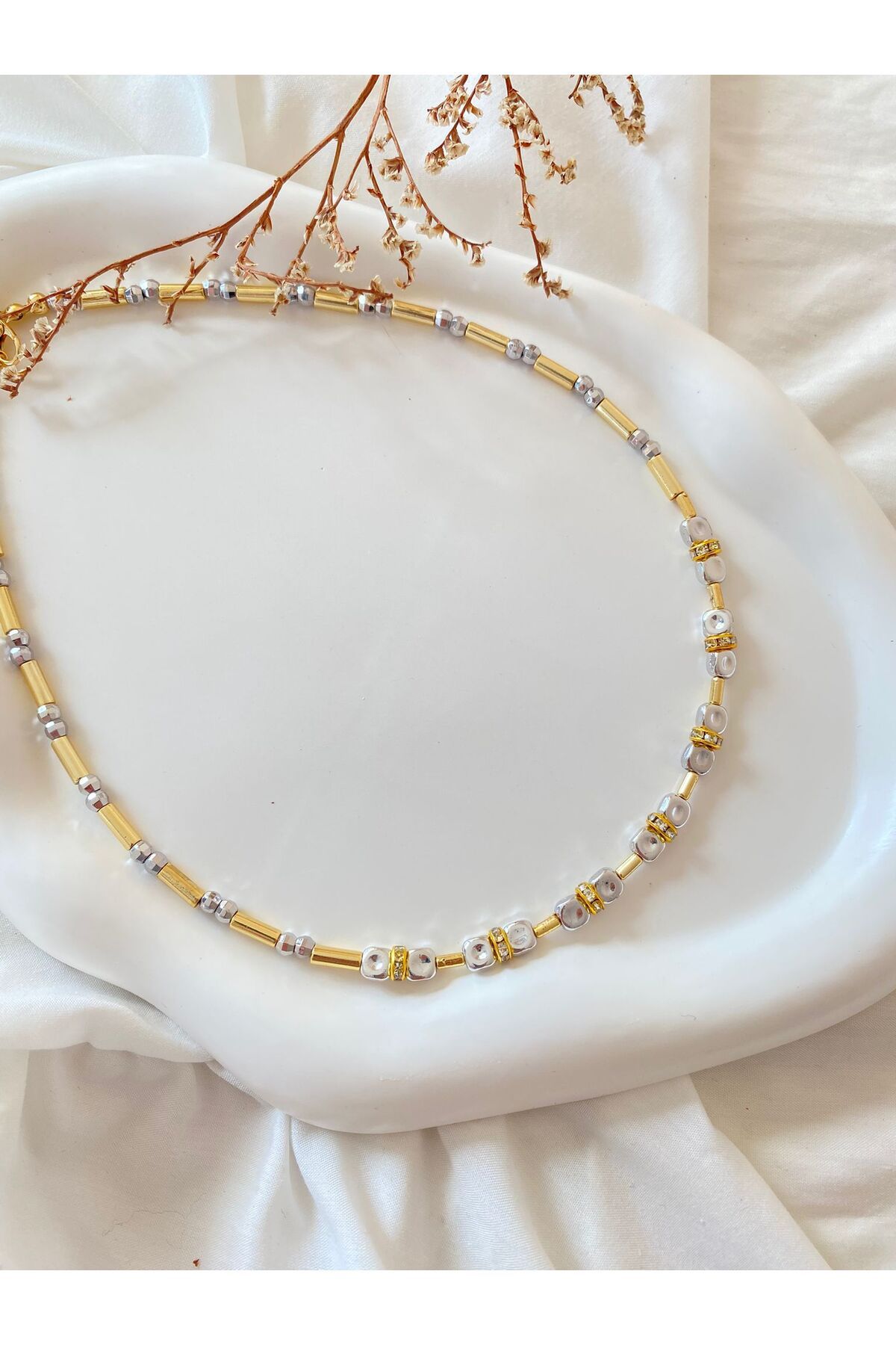 Asce Jewelry Dorika Gold Gümüş Detaylı Çelik Kolye