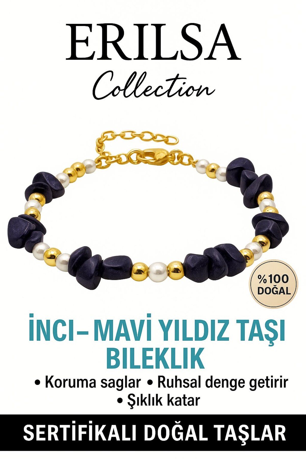 Erilsa Sertifikalı İnci ve Mavi Yıldız Taşı Bileklik – Koruyucu Enerji ve Ruhsal Denge