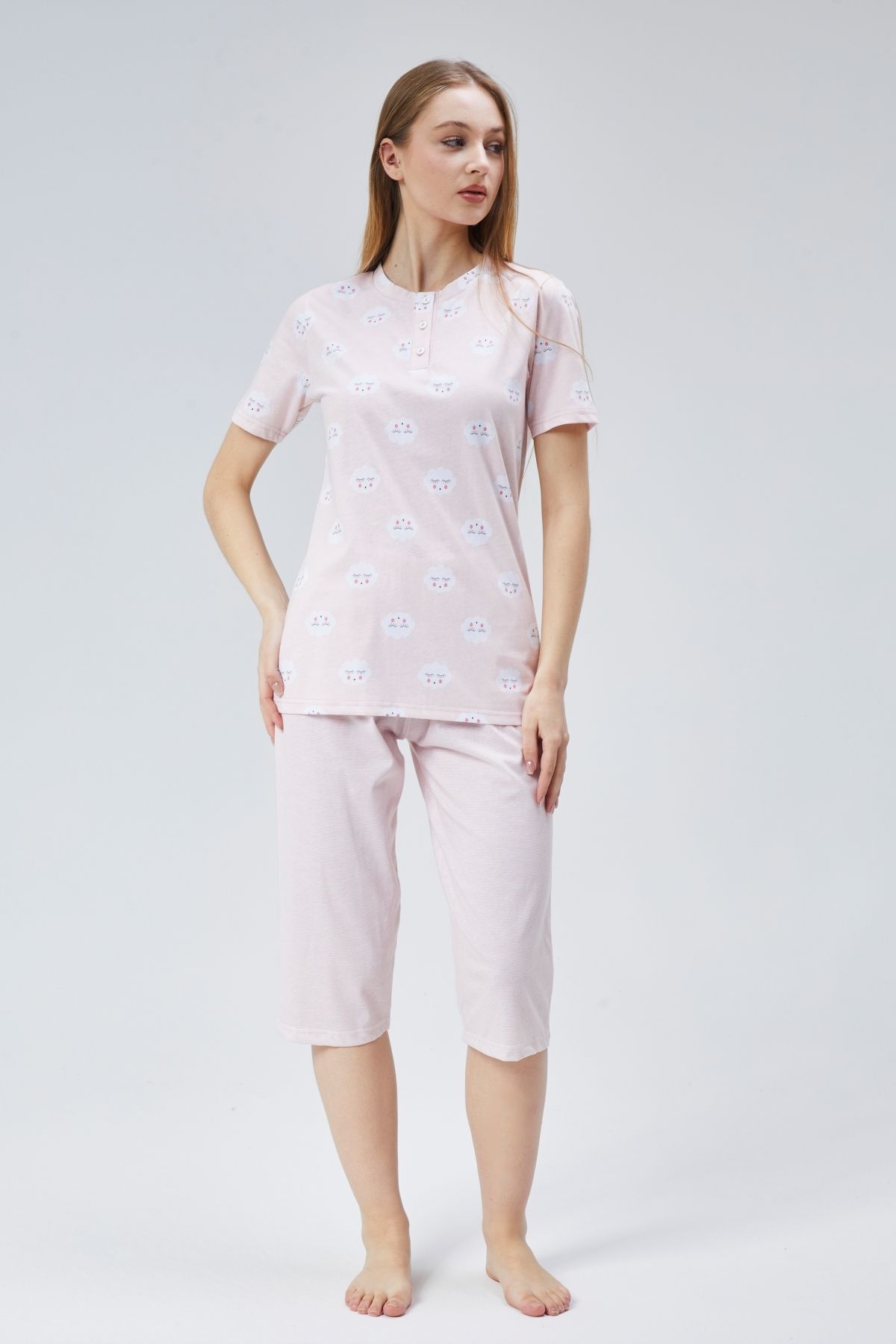 M MOONCOVER Kadın Kaprili Desenli Pijama Takım 100%Pamuk Penye Kumaş