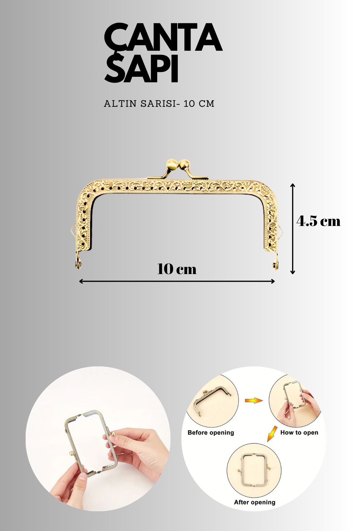 Kardelux Vintage Metal Çanta Sapı- Cüzdan Klipsi- Bursu- 10cm-Dikdörtgen
