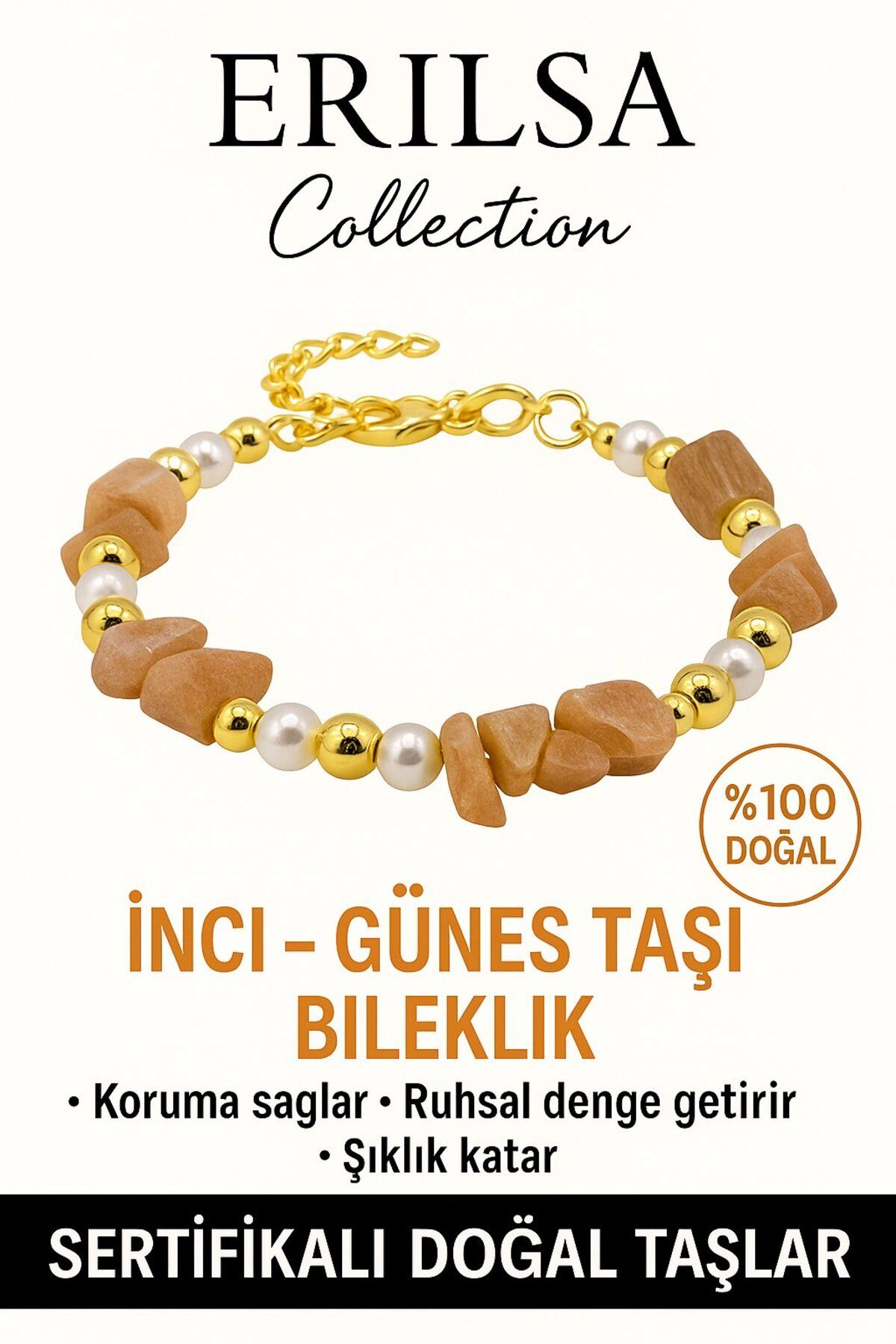 Erilsa Sertifikalı İnci ve Güneş Taşı Bileklik – Canlılık ve Koruma