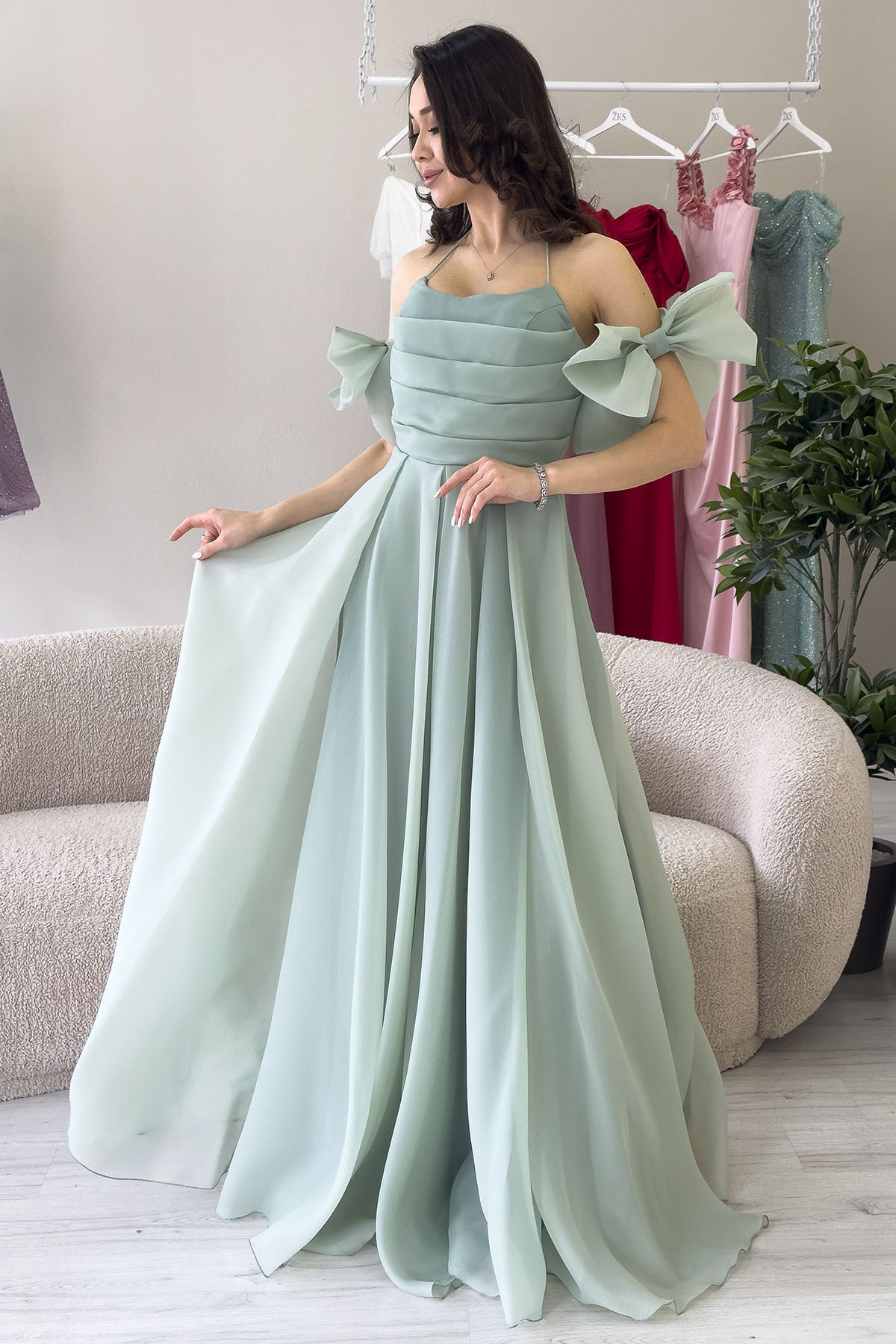 the ZKS-Women's Front Draped Halter Neck Bow Sleeve Detail Organza Evening Dress Baby Blue, Aqua Green 4