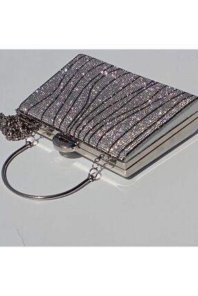 Şarra Gossi Taşlı Gümüş Abiye Çanta Su Yolu Gece Çantası Portföy Clutch