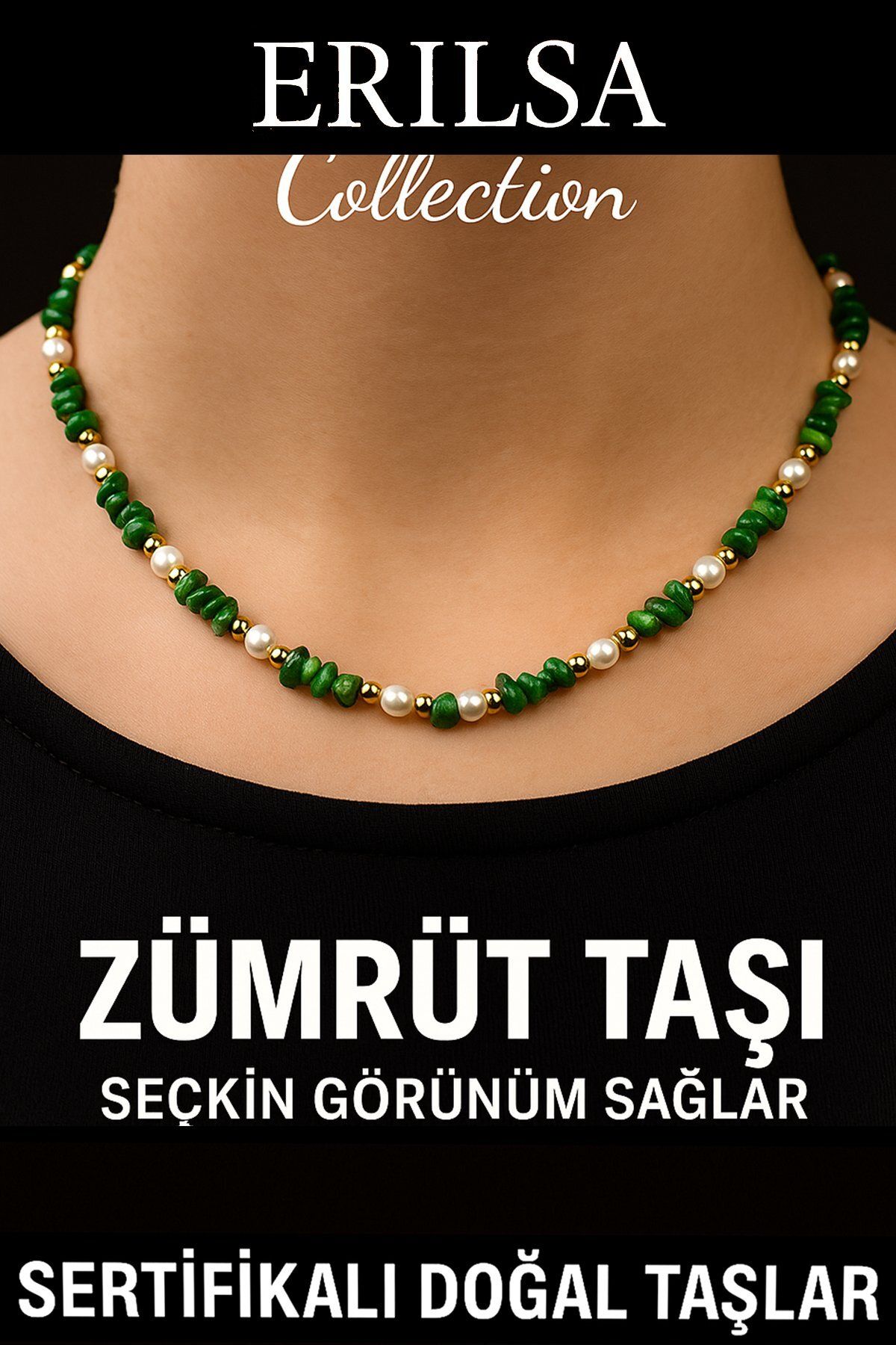 Erilsa Sertifikalı Kırık Taşlı Model İnci - Zümrüt Taşı Kolye
