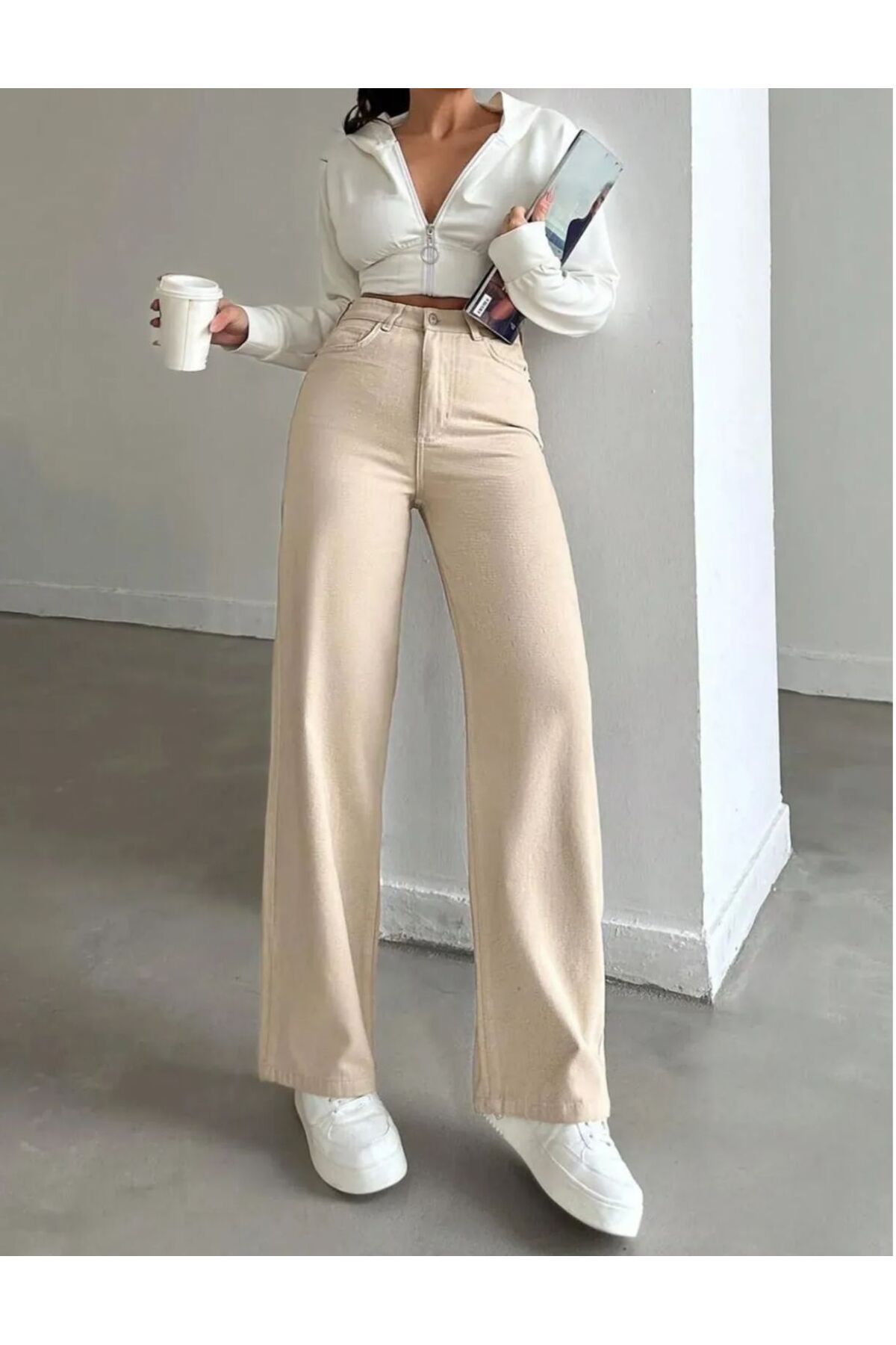 CİHAN PAPEL Kadın Yüksek Bel Bej Jeans Salaş Bej Kot Pantolon Palazzo Julia