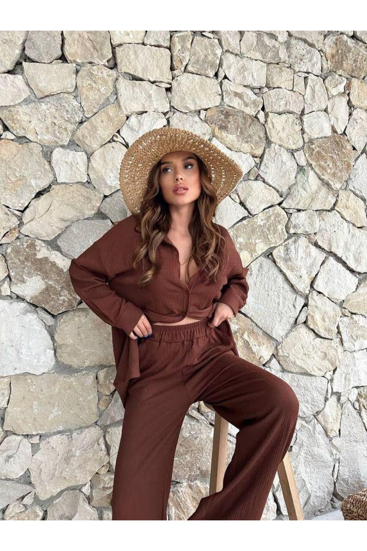 coco butik BELİ LASİKLİ PANTLON GÖMLEK TAKIM