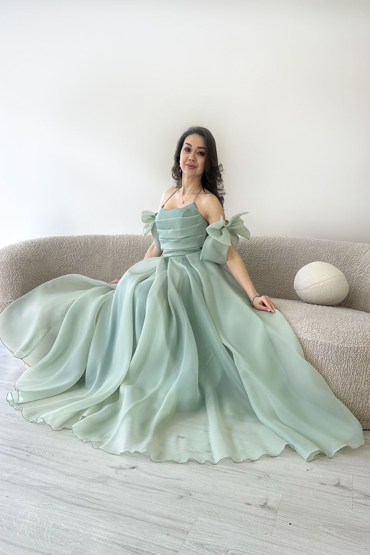 the ZKS-Women's Front Draped Halter Neck Bow Sleeve Detail Organza Evening Dress Baby Blue, Aqua Green 2