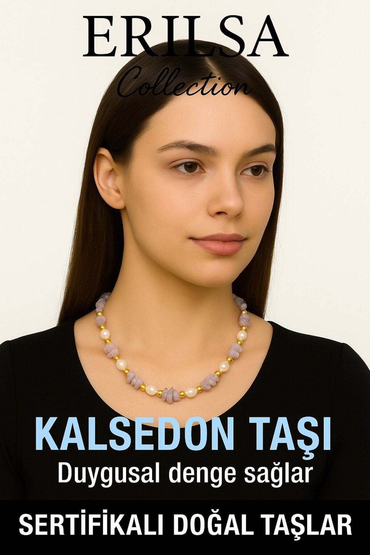 Erilsa Sertifikalı Kırık Taşlı Model İnci - Kalsedon Taşı Kolye