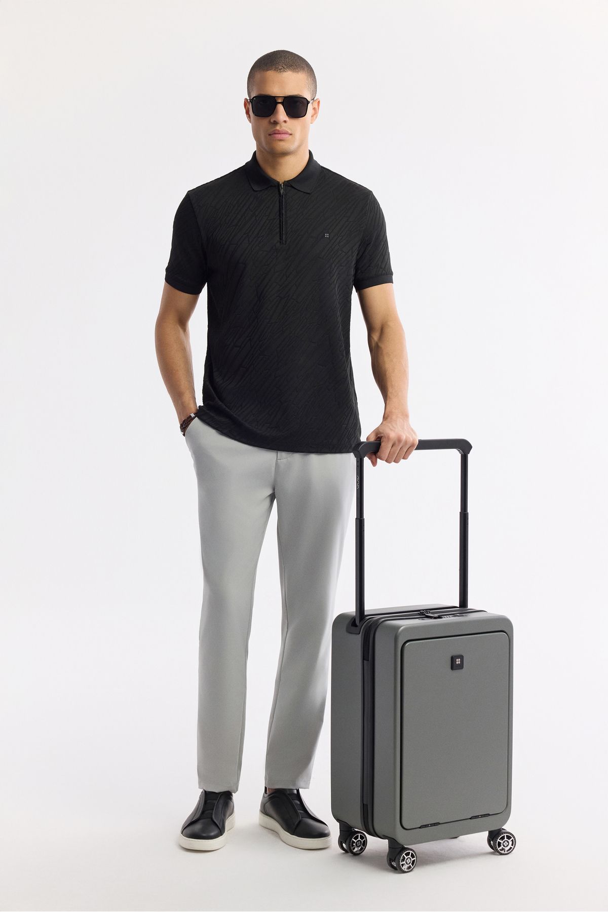 Avva-Tricou jacquard cu gât polo cu fermoar negru pentru bărbați A51Y1090 7