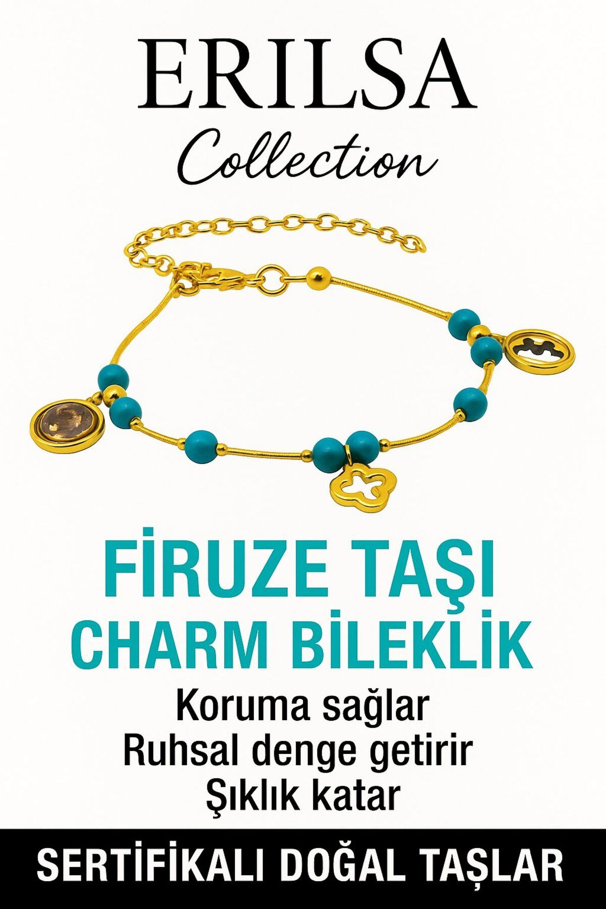 Erilsa Sertifikalı Firuze Şans Charm Bileklik – Doğal Taşla Ruhsal Denge ve Koruma (Turkuaz)