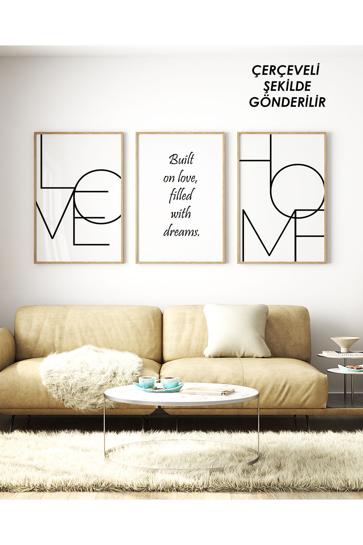 çınararthome LOVE & HOME Yazılı 3’lü Çerçeveli Poster Tablo Seti – Modern & Minimal Duvar Dekorasyonu
