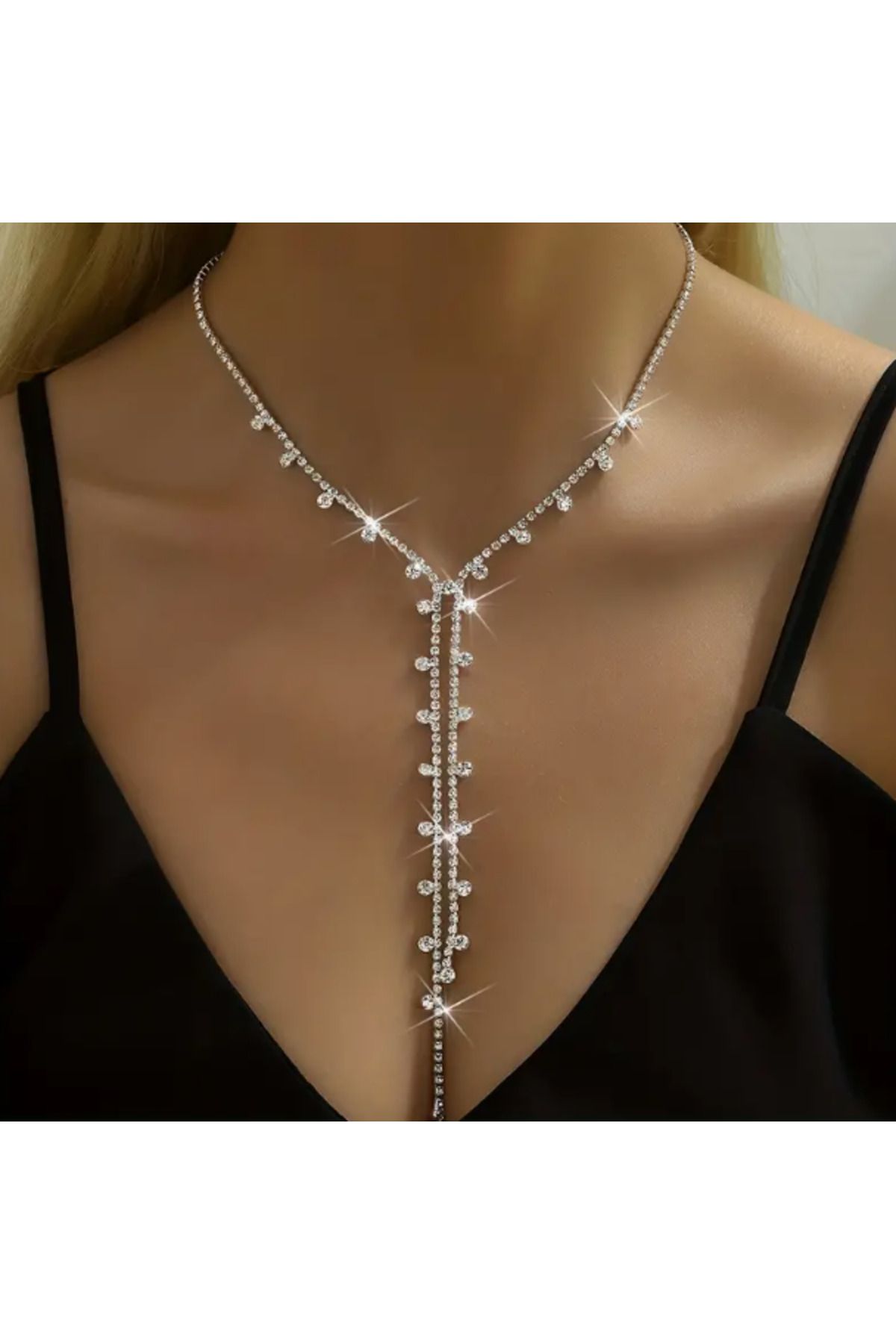 SE Jewellery Collection Selin Ersoy Gümüş Kaplama Su Yolu Y Model Sallantılı Kadın Kolye Düğün Nişan Parti Abiye Gerdanlık Kolye