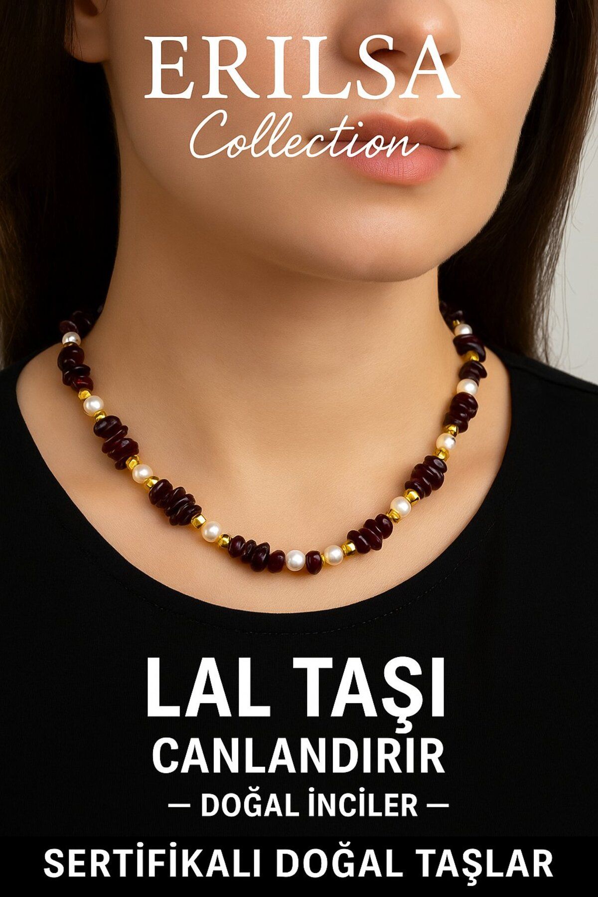 Erilsa Sertifikalı Kırık Taşlı Model İnci - Lal Garnet Granat Taşı Kolye