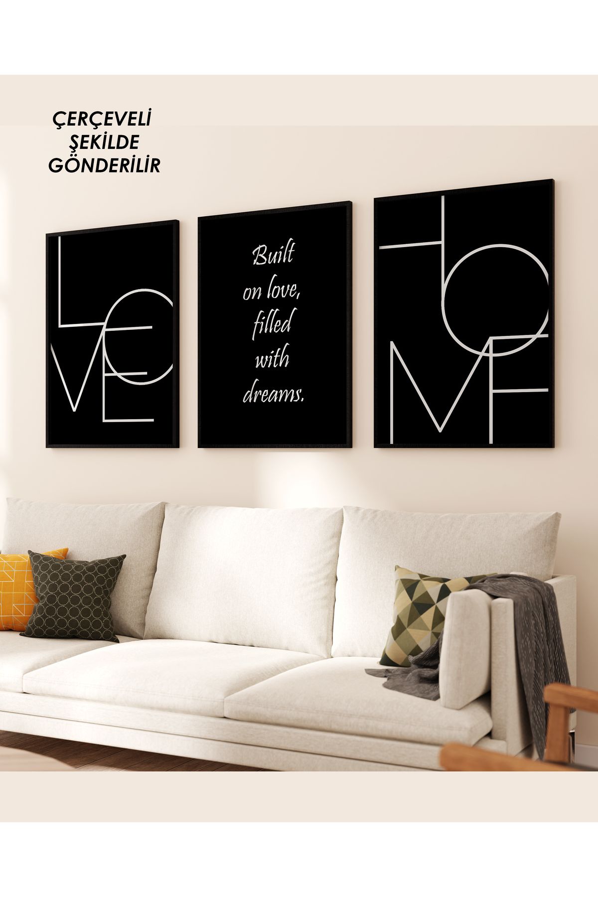 çınararthome LOVE & HOME Siyah Yazılı 3’lü Çerçeveli Poster Tablo Seti – Modern & Minimal Duvar Dekorasyonu