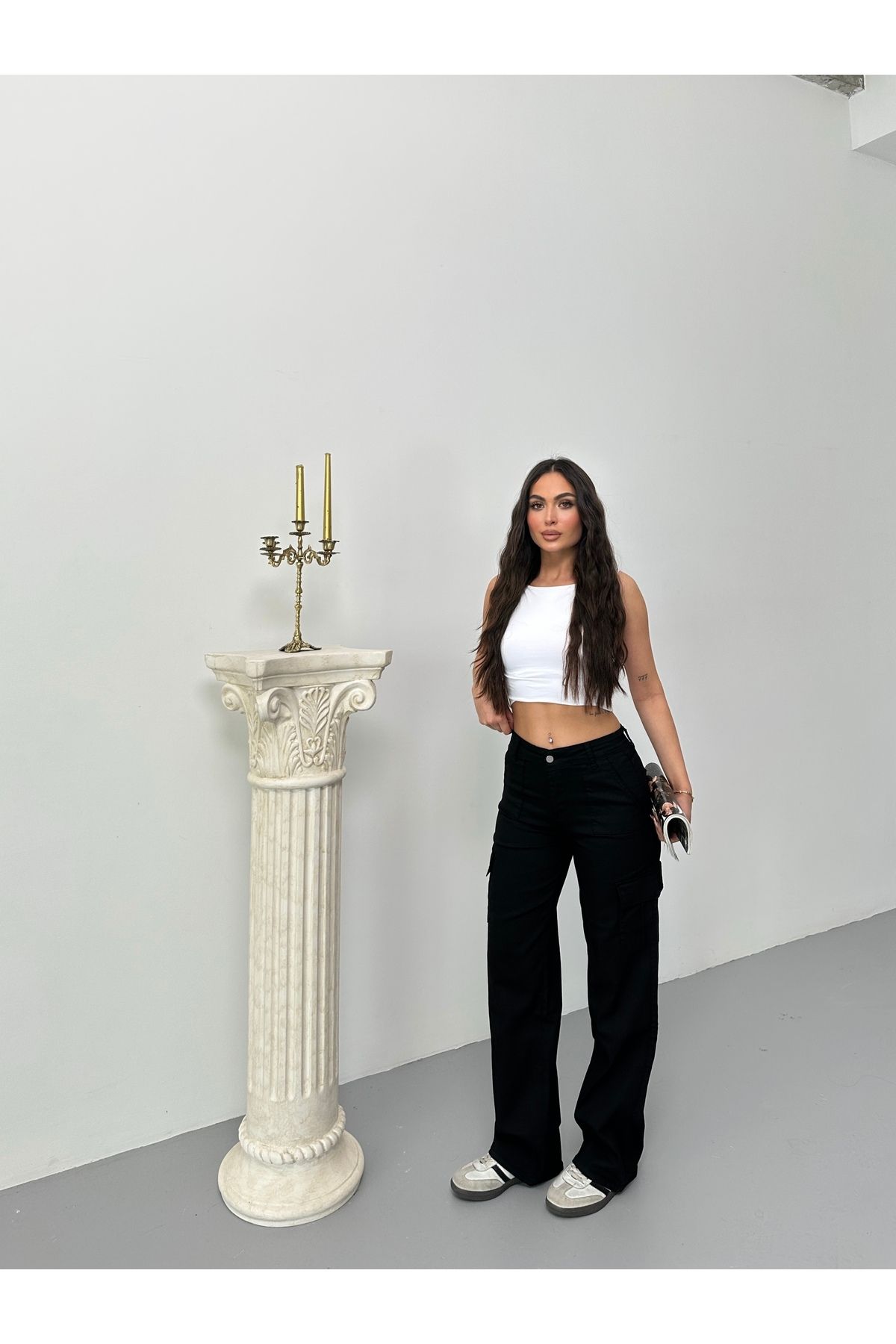 NOA LİNE Bej Kargo Cepli Likralı Yüksek Bel Wide Leg Pantolon