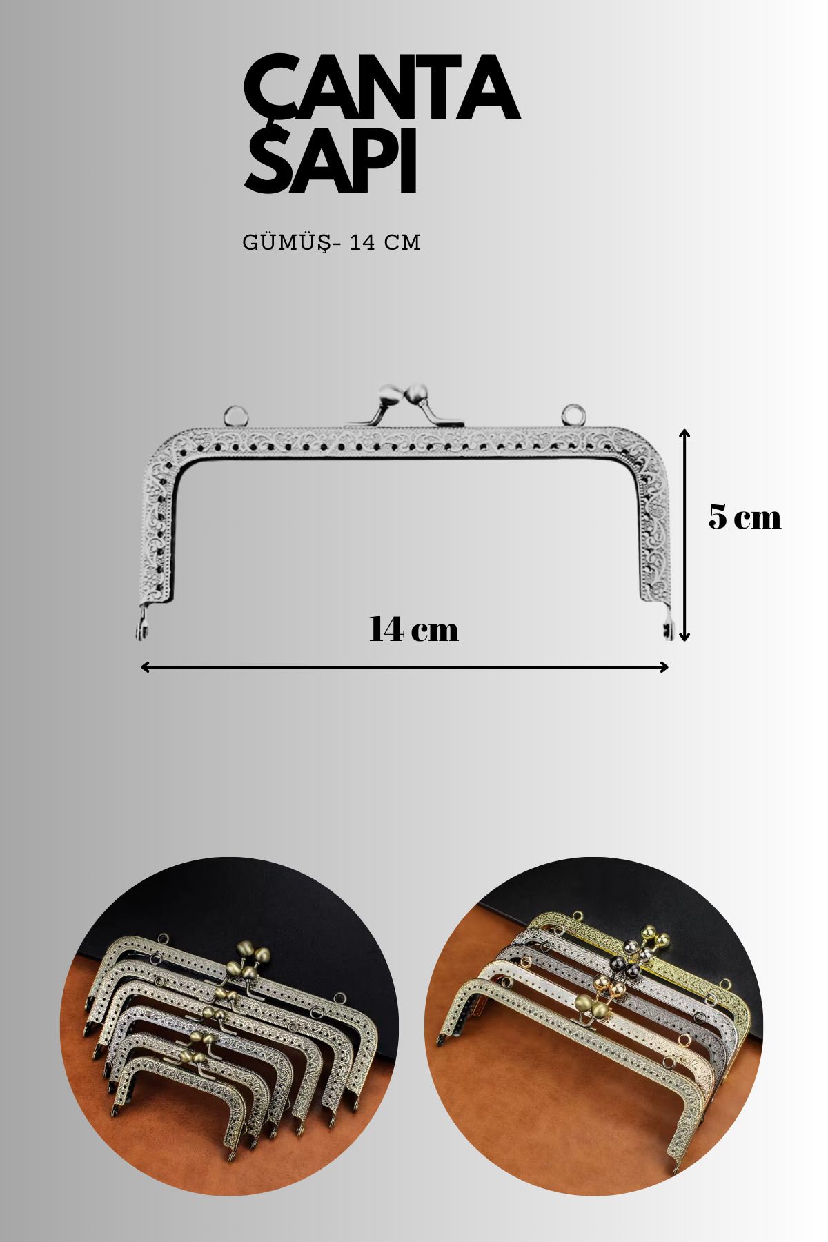 Kardelux Vintage Metal Çanta Sapı- Cüzdan Klipsi- Bursu- 14cm-Dikdörtgen