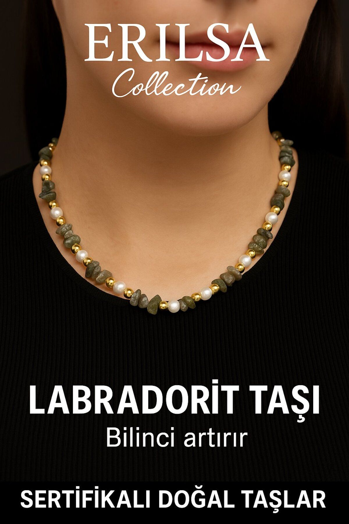 Erilsa Sertifikalı Kırık Taşlı Model İnci - Labradorit Taşı Kolye