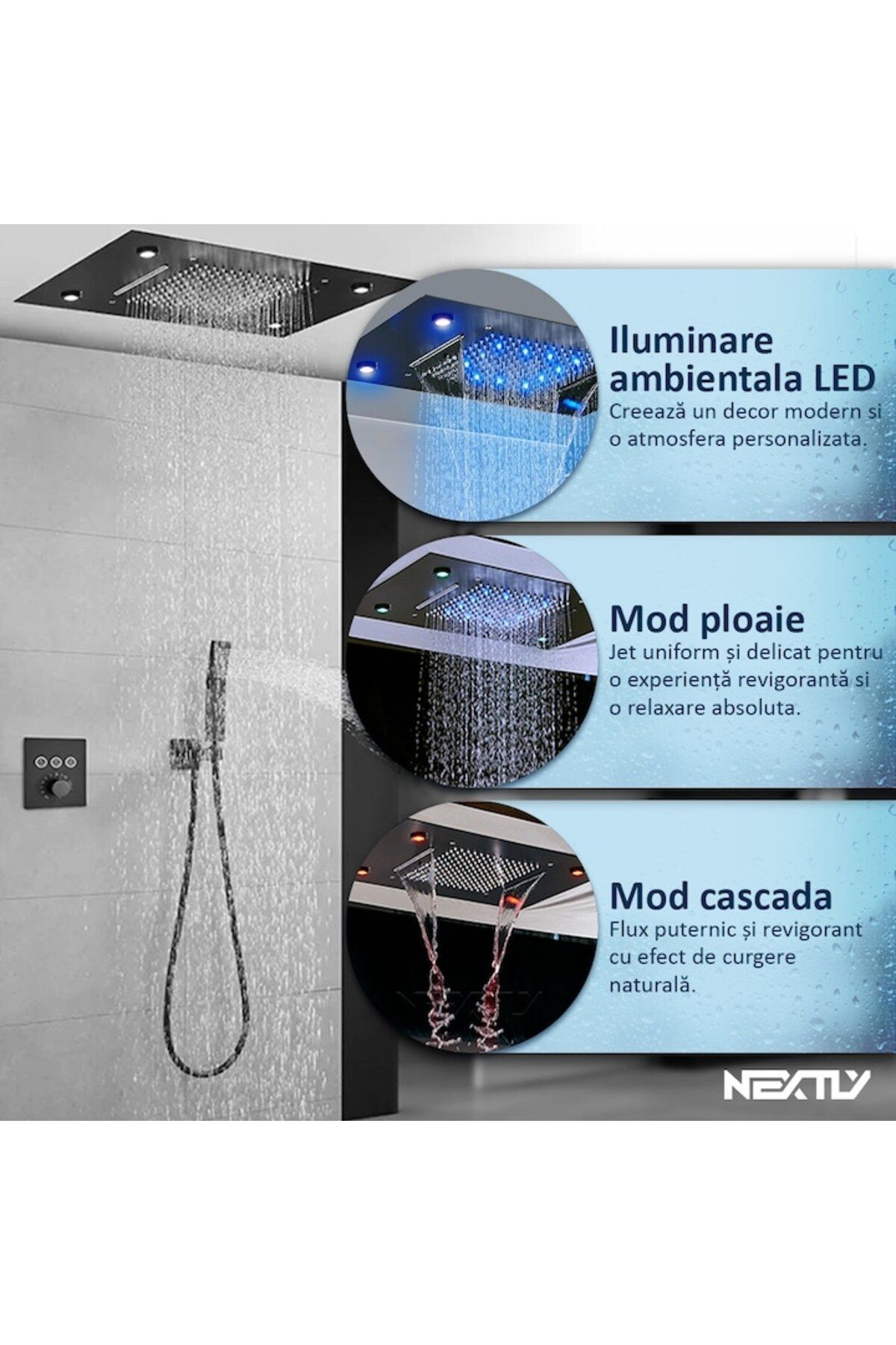 NEXTLY-Built-in Shower System, Rgb Led Ambient Lighting, Temperature Adjustment, Waterfall Mode 3