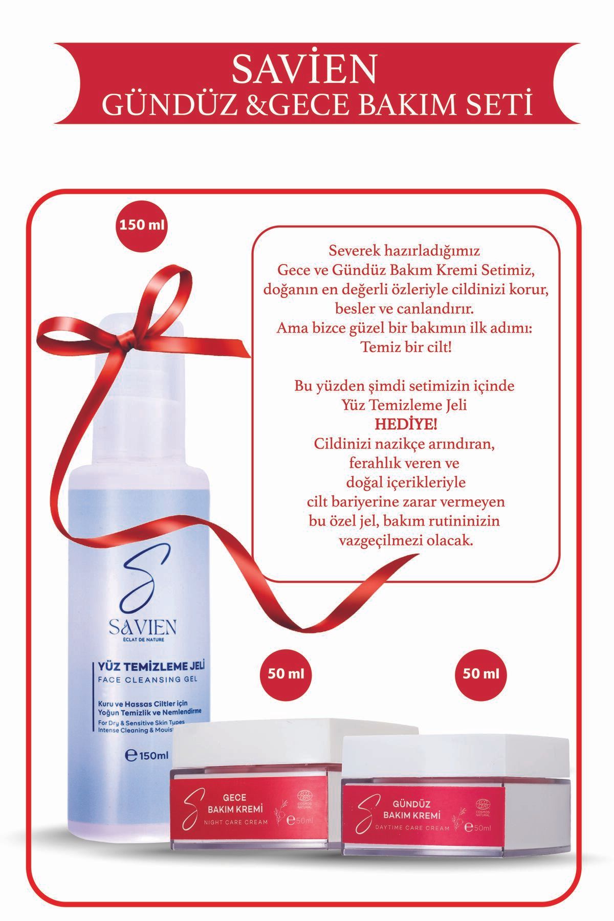 SAVIEN Doğal Gece & Gündüz Cilt Bakım Kremi Seti Yüz Temizleme Jeli – Doğal, Nemlendirici, Anti-Aging Bakım