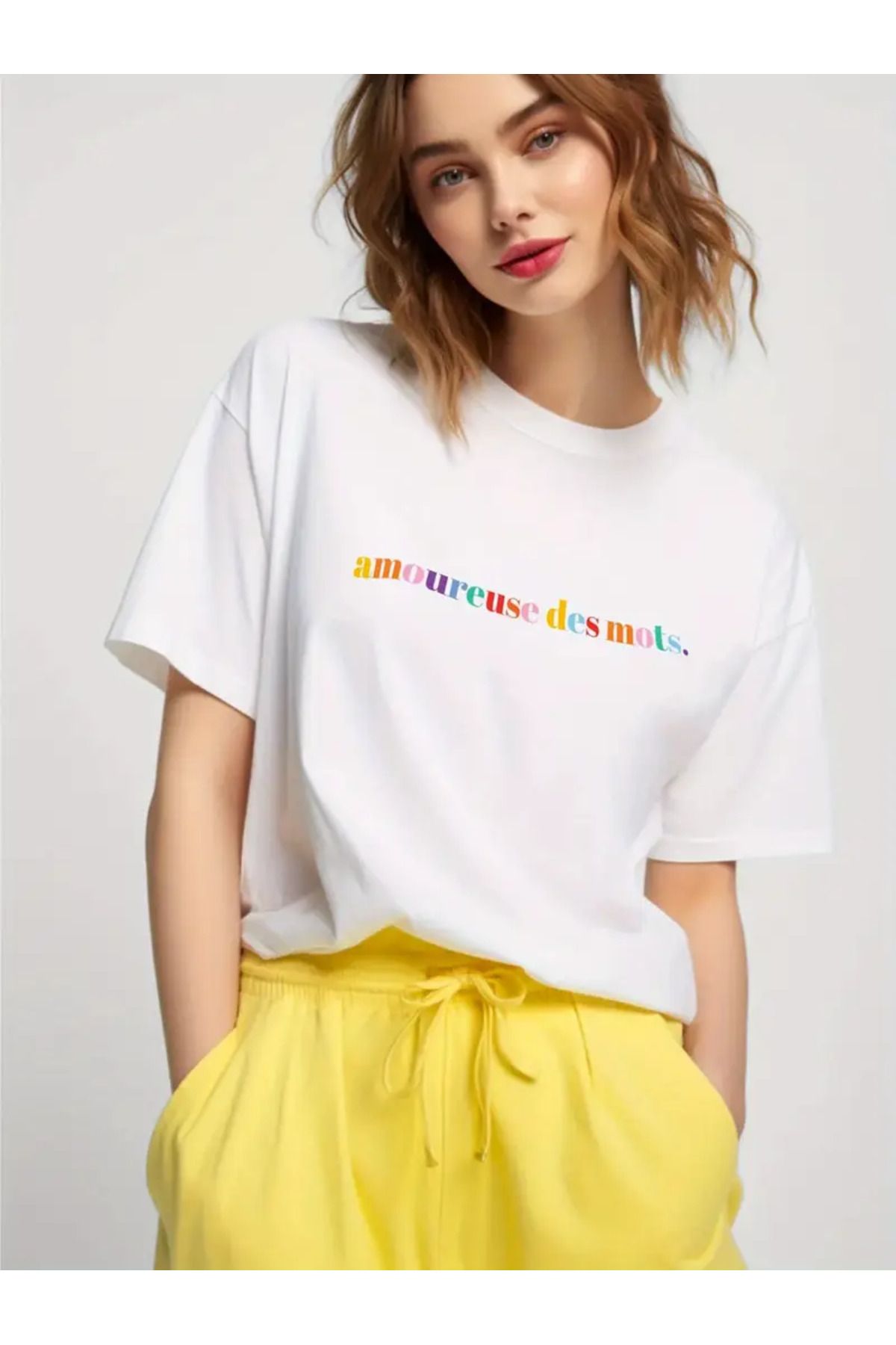 AEMİ Unisex Amoure Use Des Mots Baskılı %100 Pamuk Oversize T-shirt
