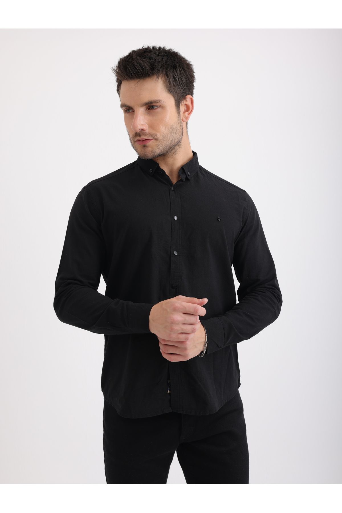 Sabe Erkek Slim Fit Siyah Keten Gömlek
