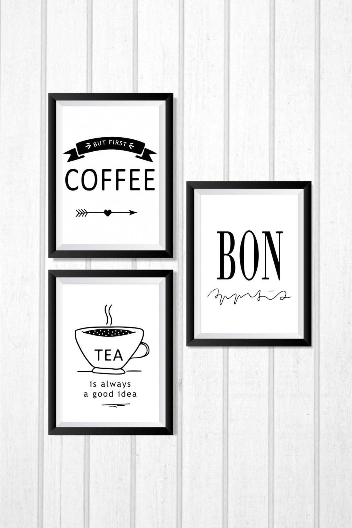 PİXWALLART 3 Parça Mutfak Coffee Bon Ev Dekorasyon Ahşap Çerçeve Görünümlü Ev Ürünleri Mdf Tablo Seti