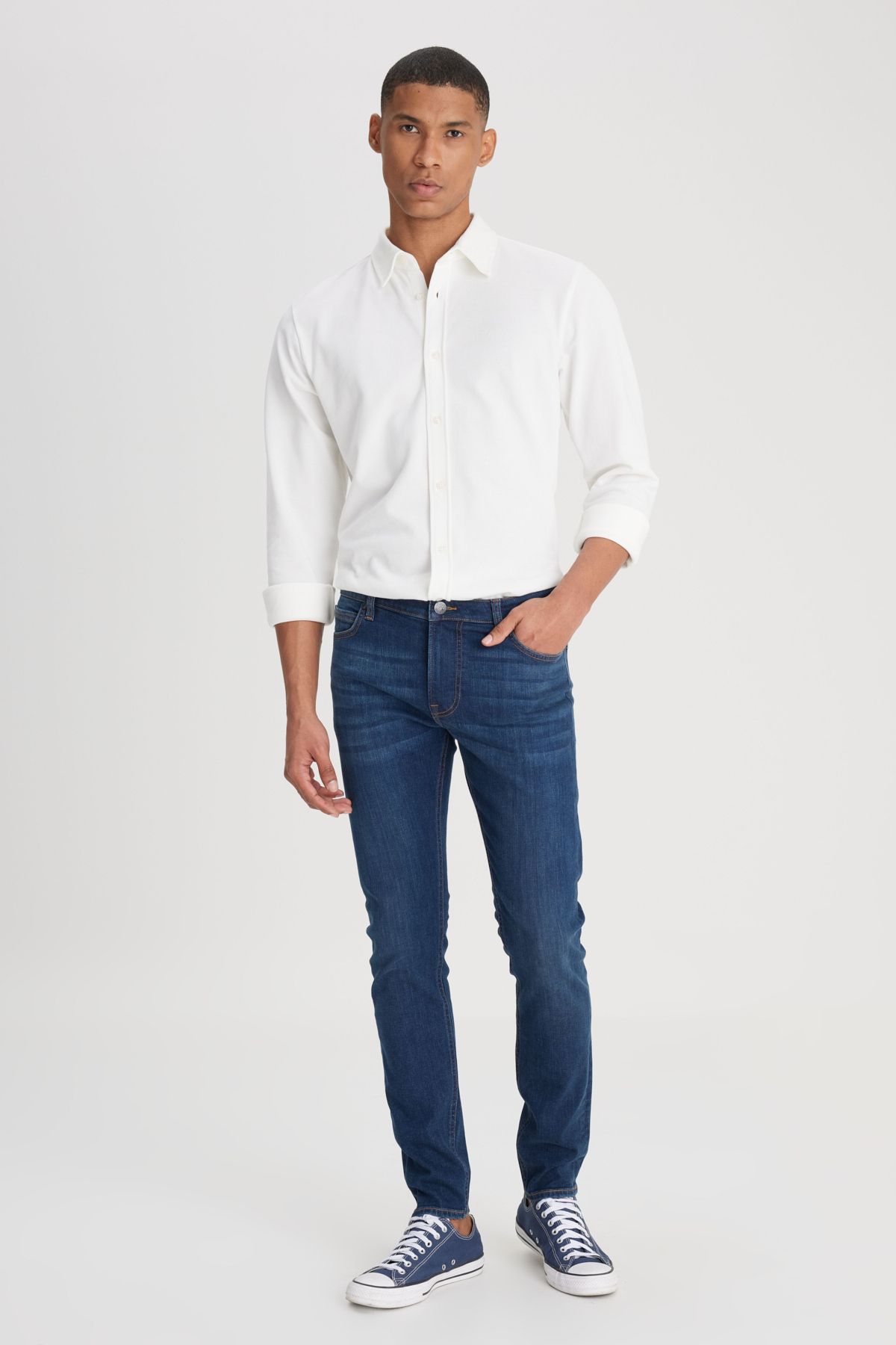Lee L736147401 Koyu Mavi Erkek Melone Düz Kesim Yüksek Bel Esnek Pantolon